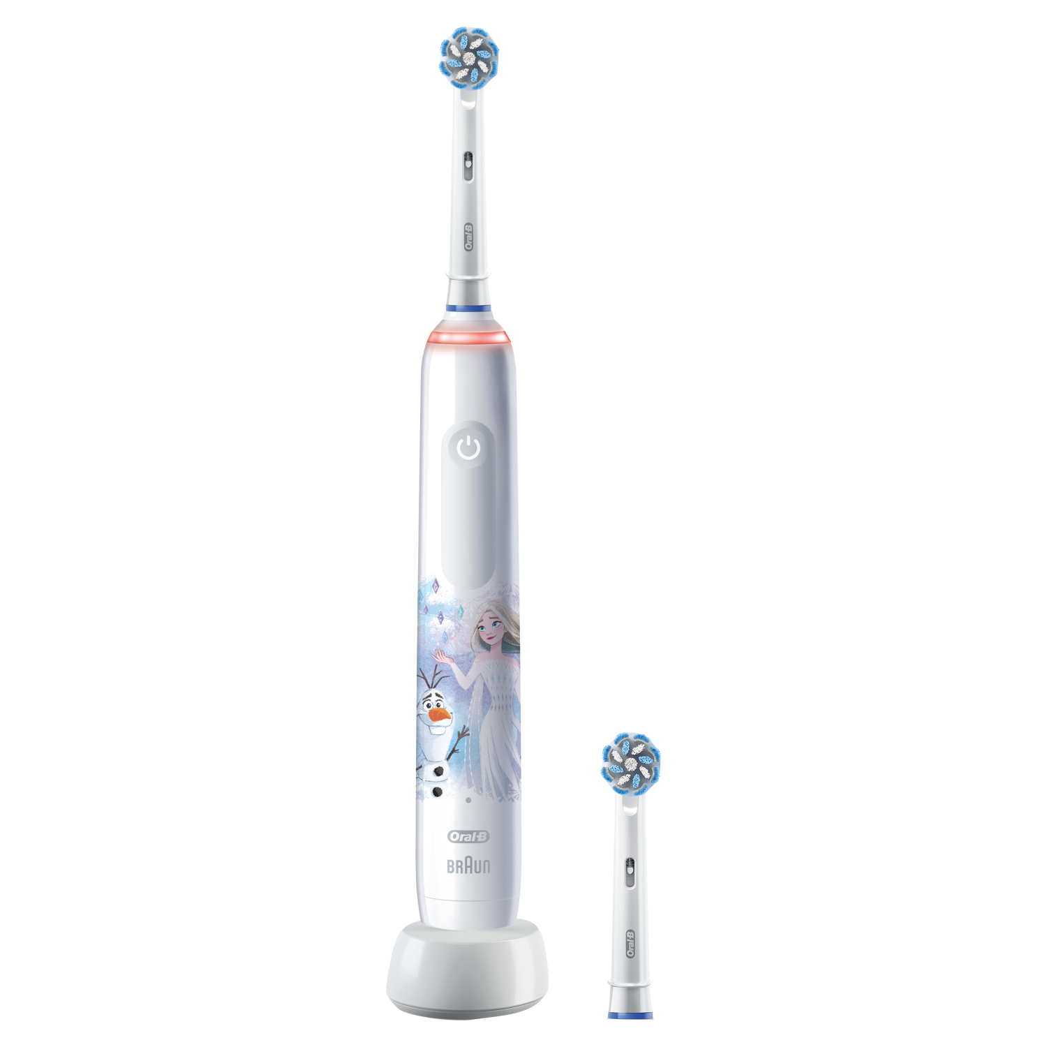 Weiße elektrische Zahnbürste von Oral-B mit Frozen-Design und Ladegerät. Schwarzer Hintergrund.