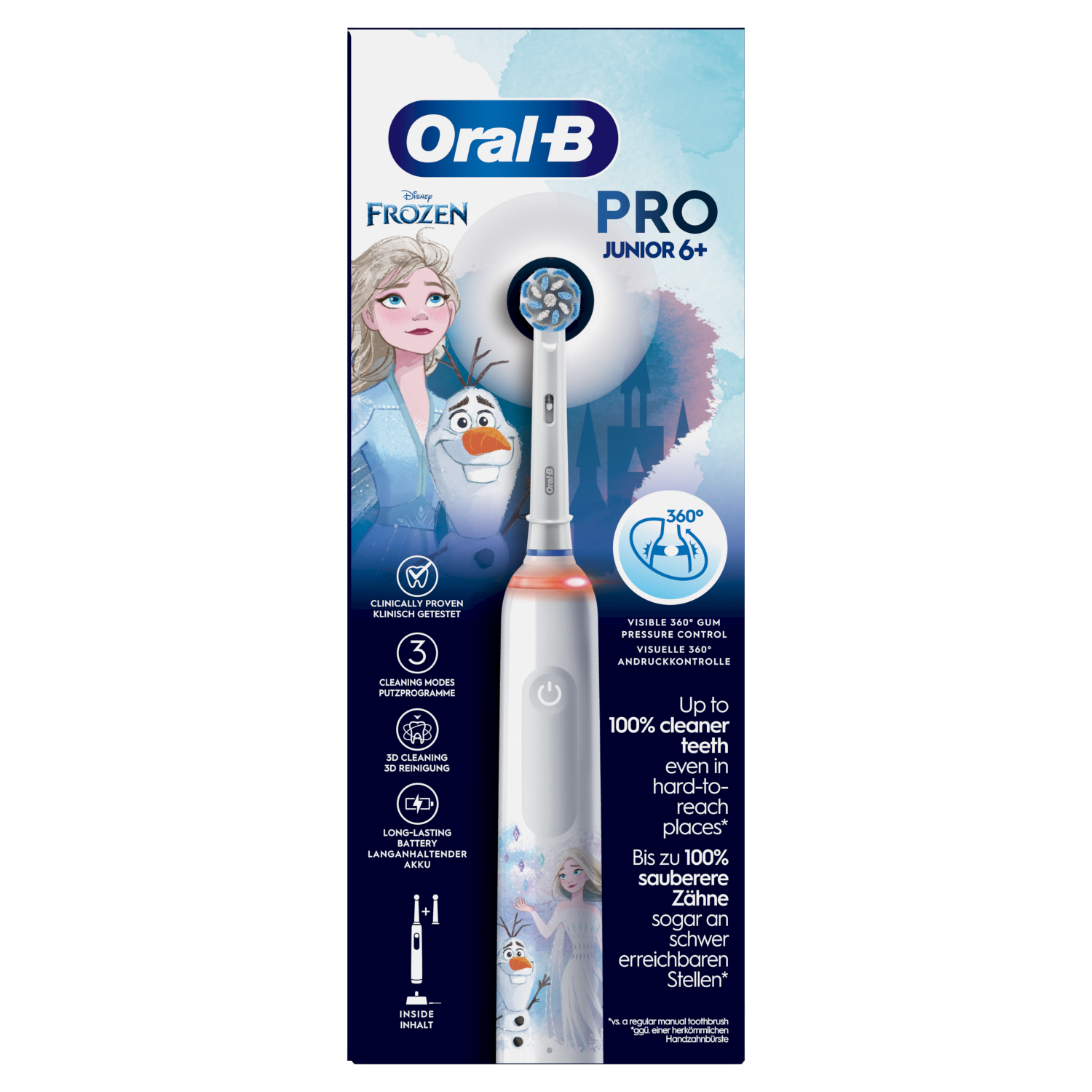 Elektrische Zahnbürste von Oral-B im Frozen-Design, mit Cartoonfigur auf der Verpackung.