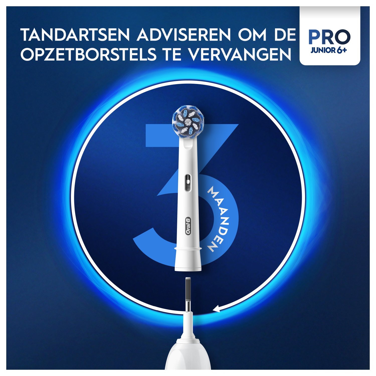 Ein Oral-B-Zahnbürstenkopf, umgeben von einem blauen Kreis, der 3 Monate Nutzung anzeigt.