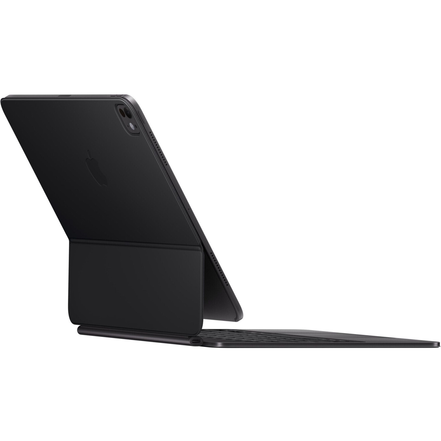 iPad Pro nero con cover tastiera collegata, angolato contro uno sfondo bianco.