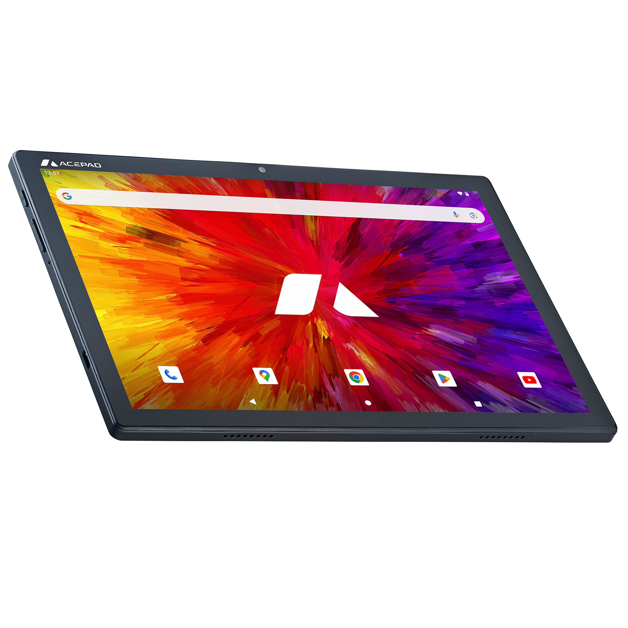 Tablet mit farbenfrohem Display. Hat einen schwarzen Rahmen. Das ACEPAD-Logo ist sichtbar.