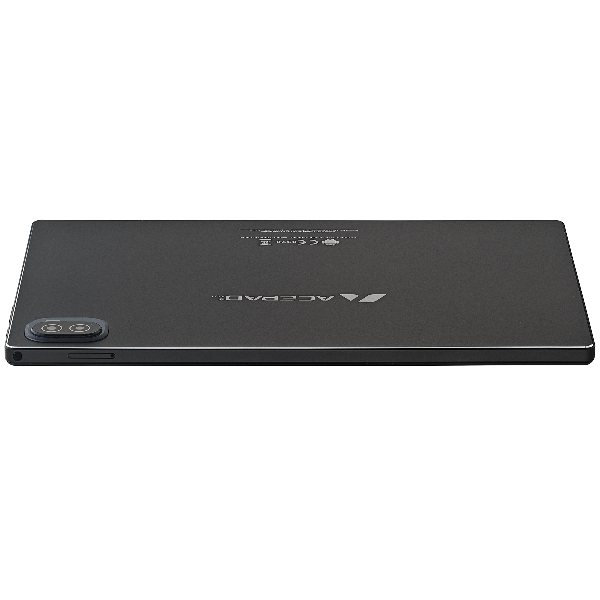 Schwarzer Tablet-Computer mit einer Kamera auf der Rückseite. Der Bildschirm ist schwarz.