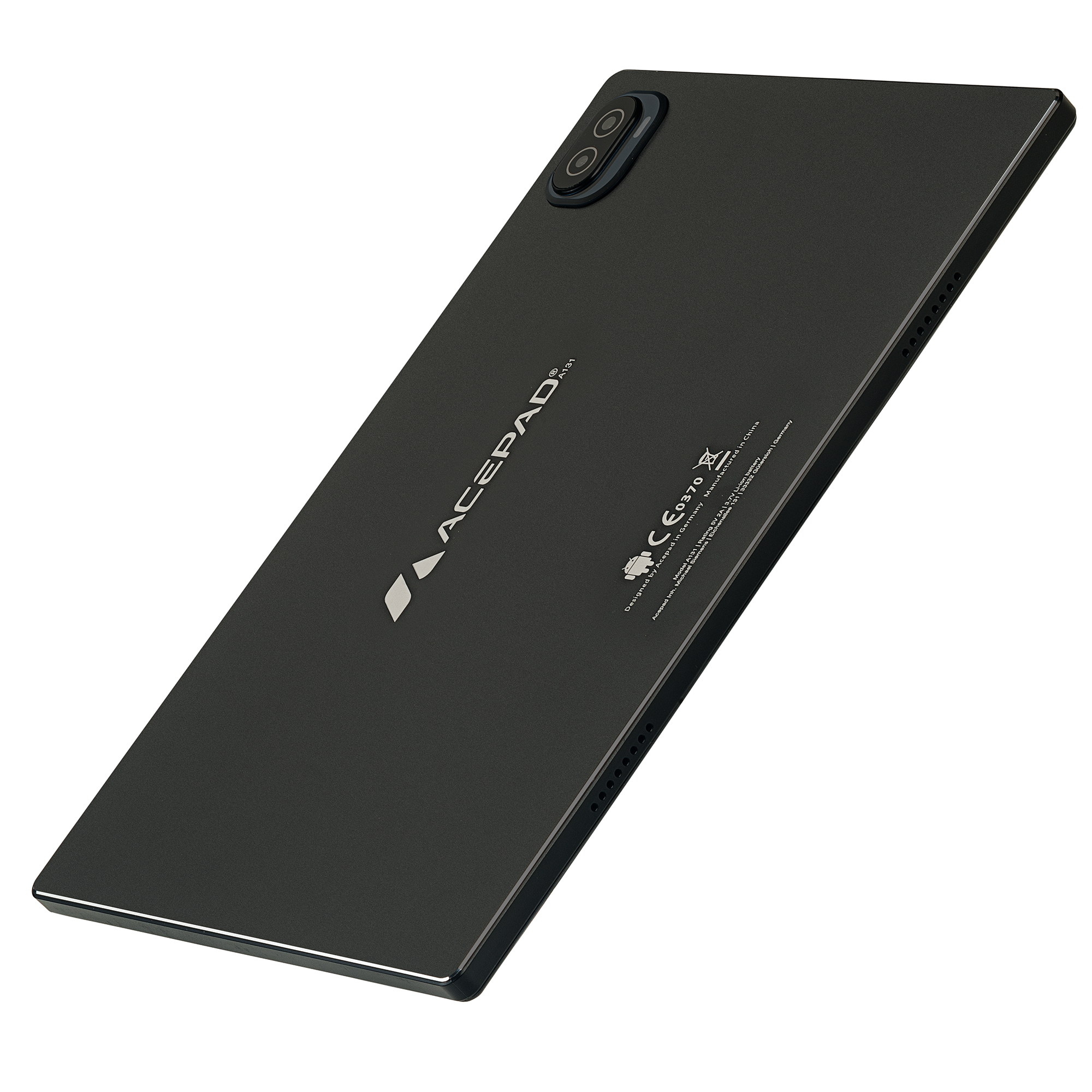Schwarzes Acepad-Tablet. Rückansicht mit Dual-Kameras und Logo, weißer Hintergrund.