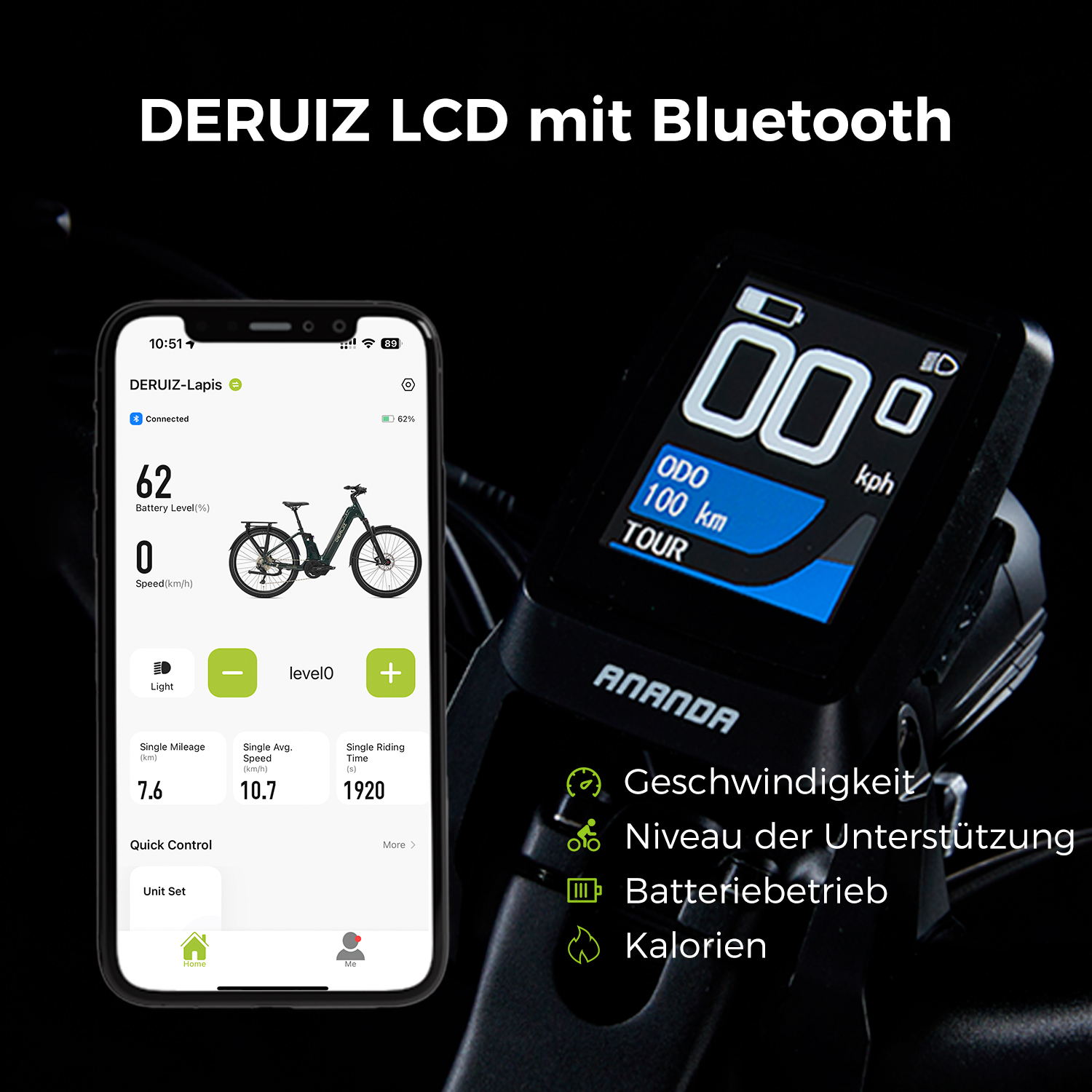Smartphone mit Fahrradstatistiken neben einem Fahrradcomputer-Bildschirm.