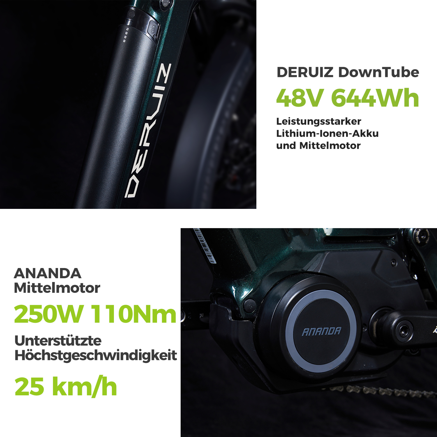 Nahaufnahme eines Fahrradrahmens mit Text über Motor und Akku.