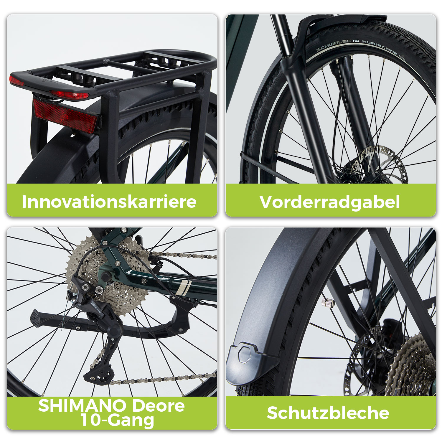 Vier Bilder: Fahrradteile. Enthält Gepäckträger, Gabel, Shimano Deore und Schutzbleche mit Text.