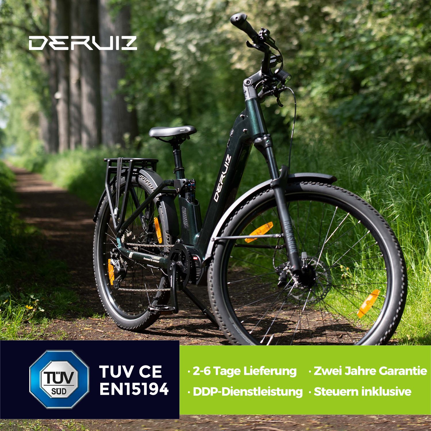 Ein grünes E-Bike auf einem Weg mit Bäumen. Texte über Lieferung und Garantie werden angezeigt.