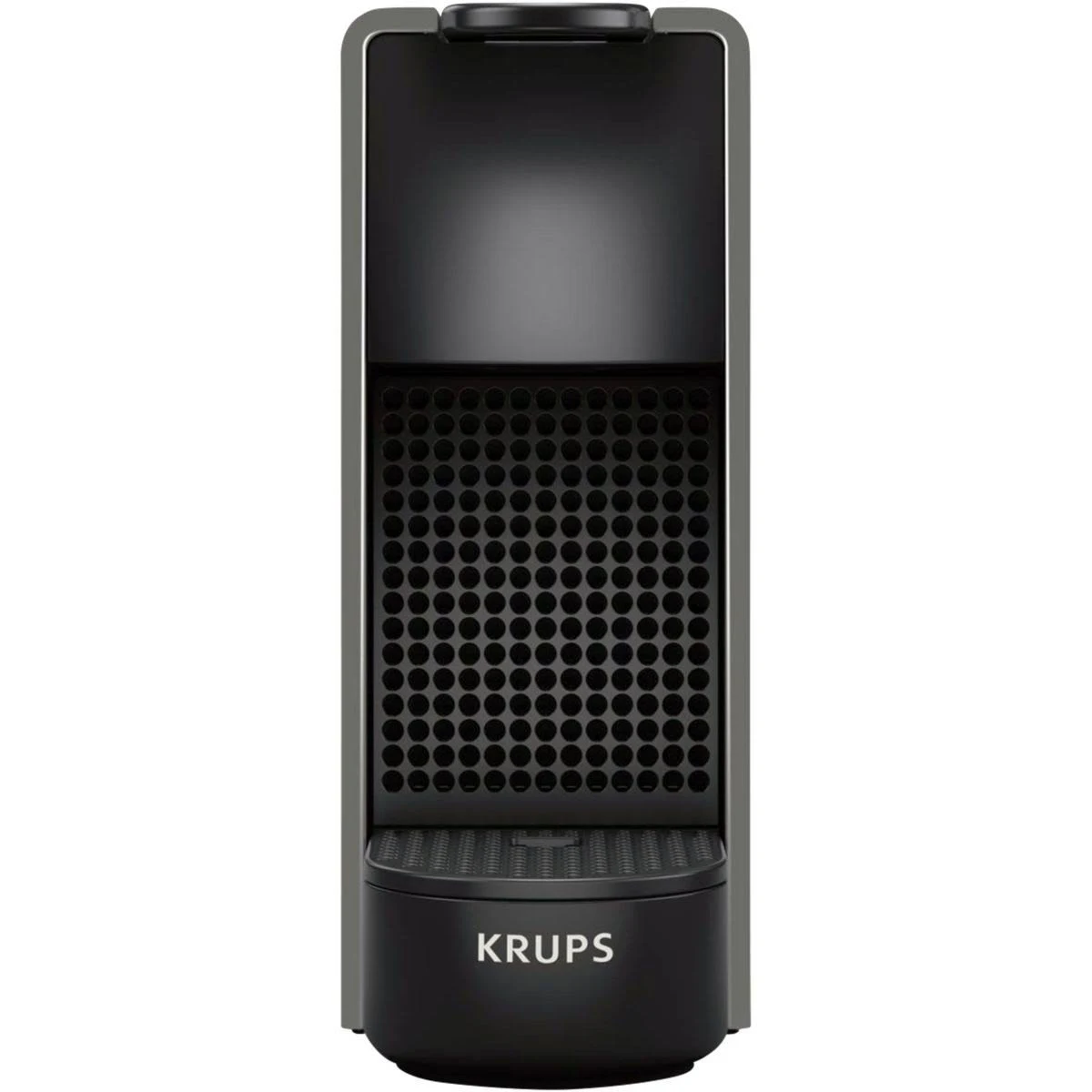 Czarno-szary ekspres do kawy Nespresso. Przód ma siatkę otworów.