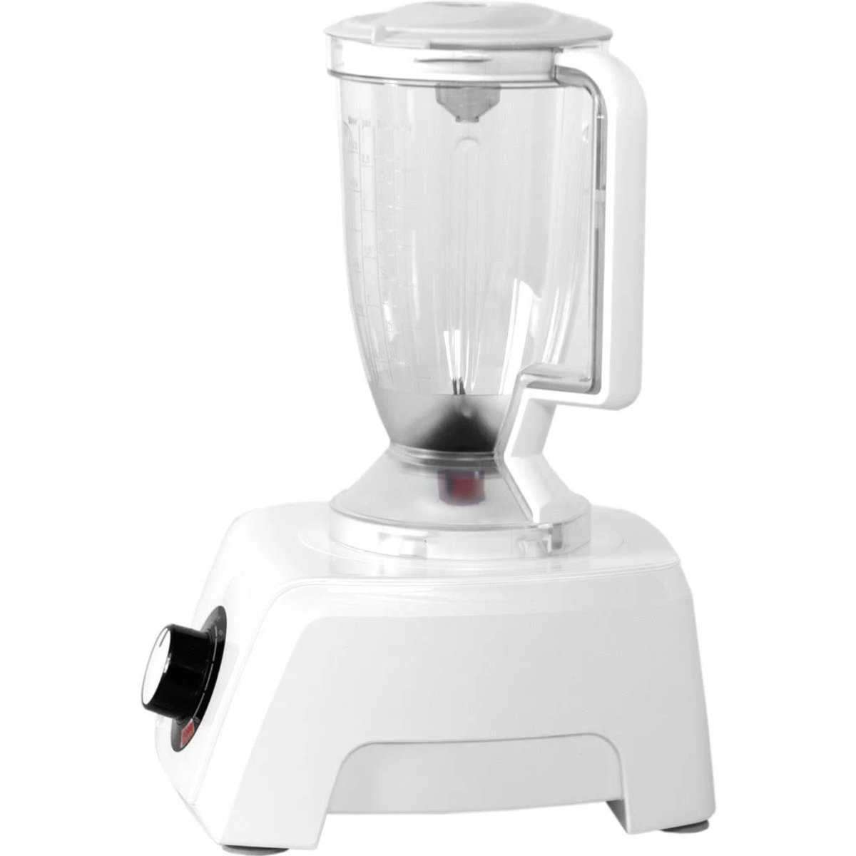 Una licuadora blanca con un recipiente transparente y una perilla de control negra.