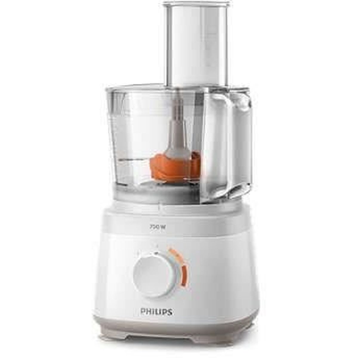 Un procesador de alimentos Philips blanco con dial naranja y un bol de plástico transparente.