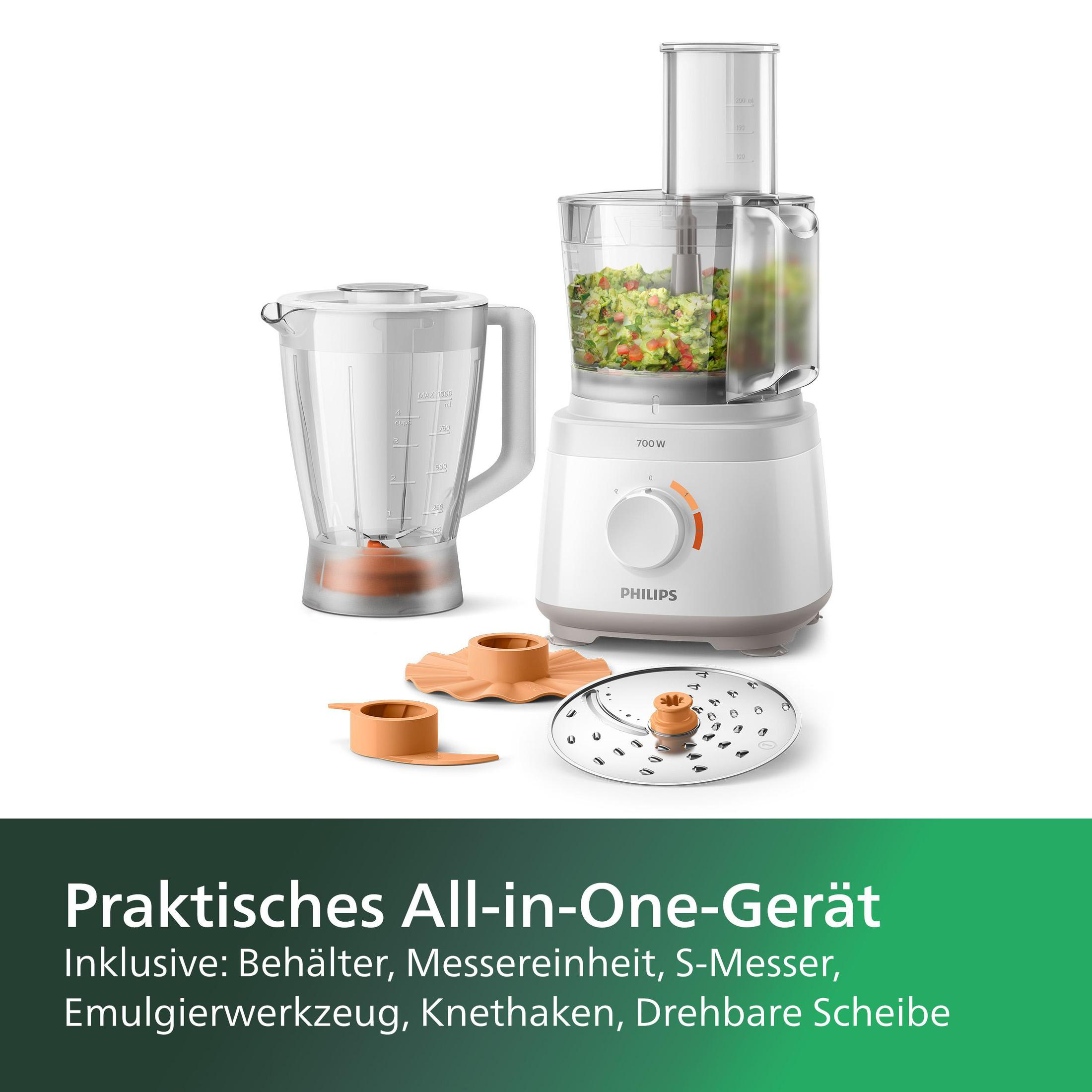 Weißer und orangefarbener Philips-Foodprozessor mit Zubehör und Text auf Deutsch. Der Text beschreibt die Funktionen.