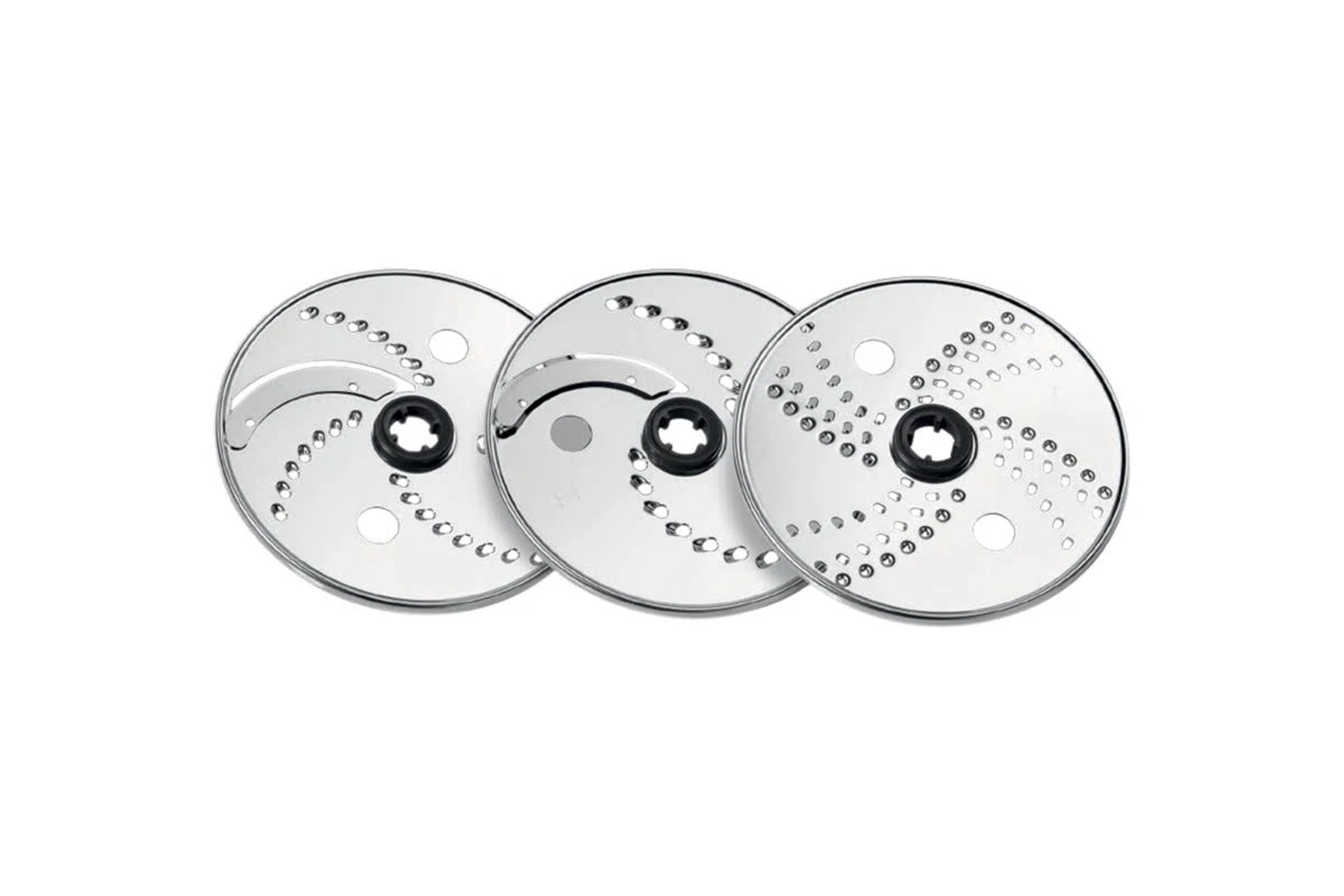 Tres cuchillas de acero inoxidable para procesador de alimentos sobre fondo blanco.
