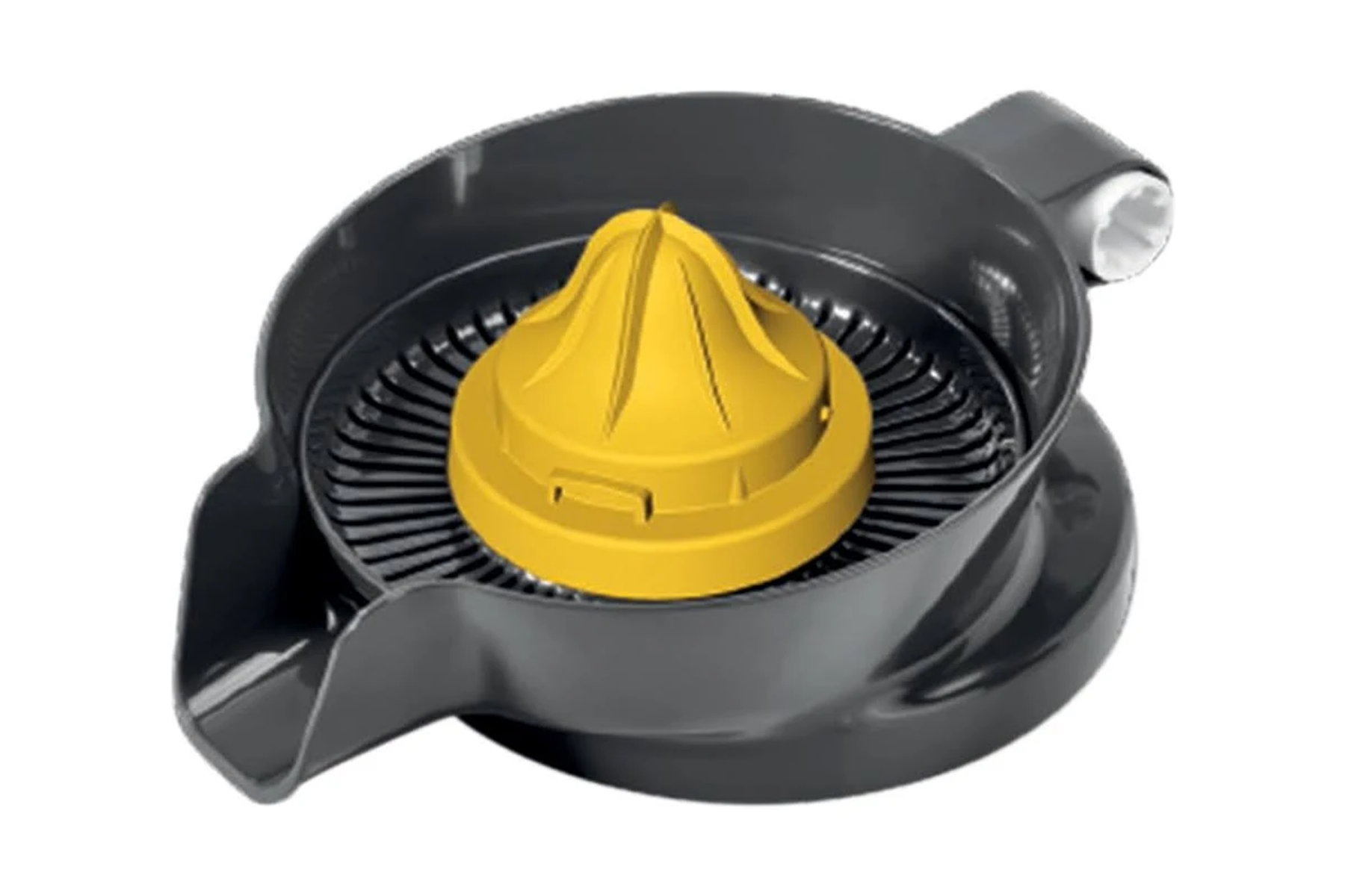 Exprimidor de cítricos gris oscuro con un reamer amarillo en el centro. Tiene una boquilla para verter.