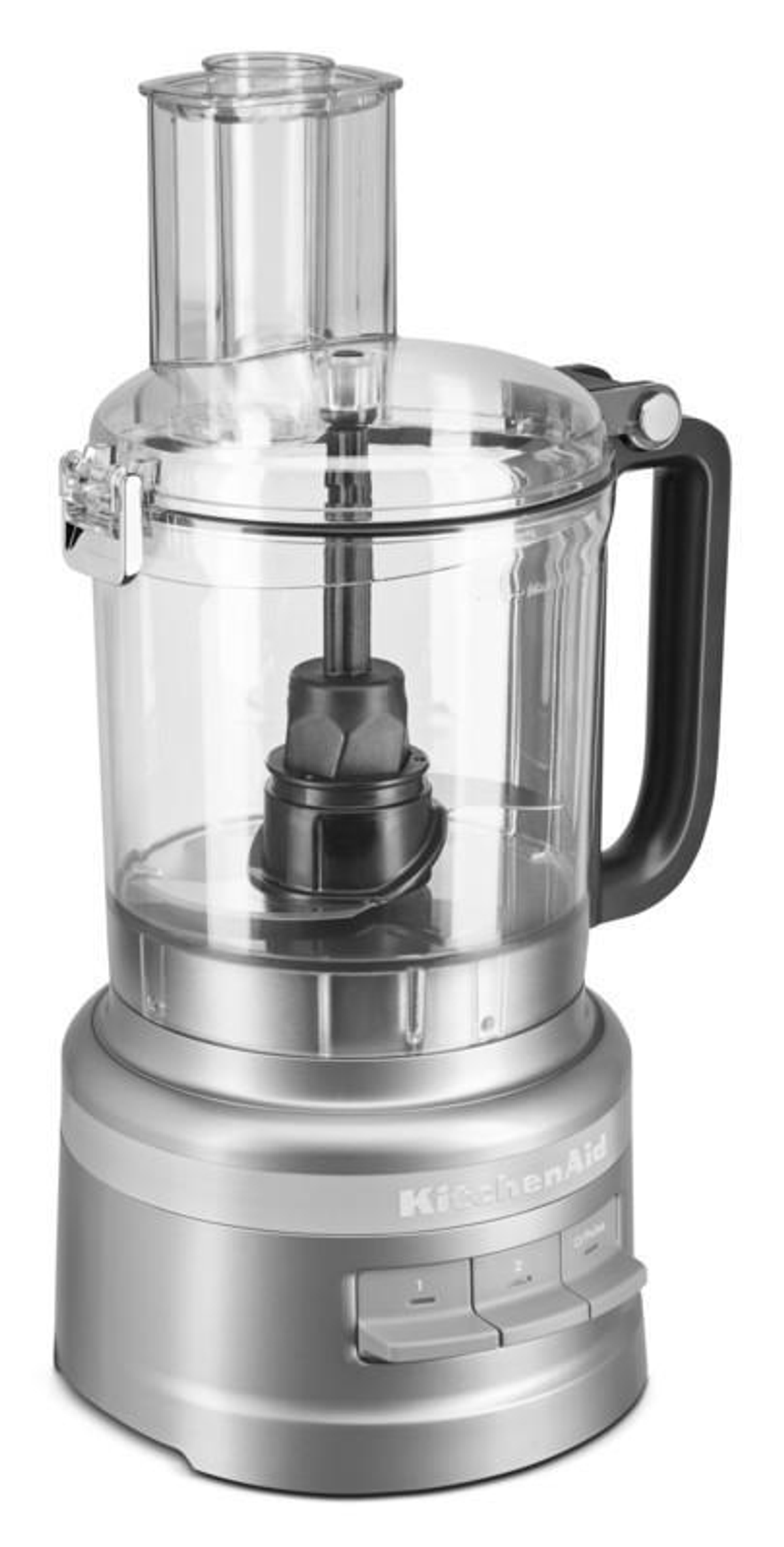 KitchenAid mutfak robotu, gümüş taban ve şeffaf kase, beyaz zemin.