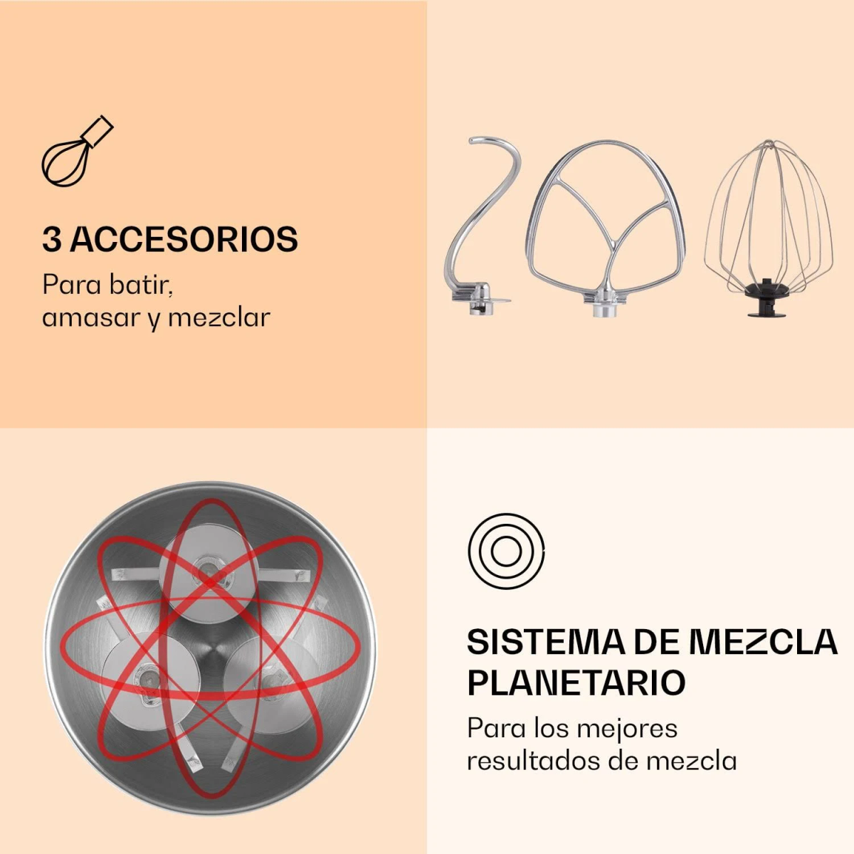 Un'illustrazione che mostra tre accessori per mixer e un concetto di sistema di miscelazione planetaria.