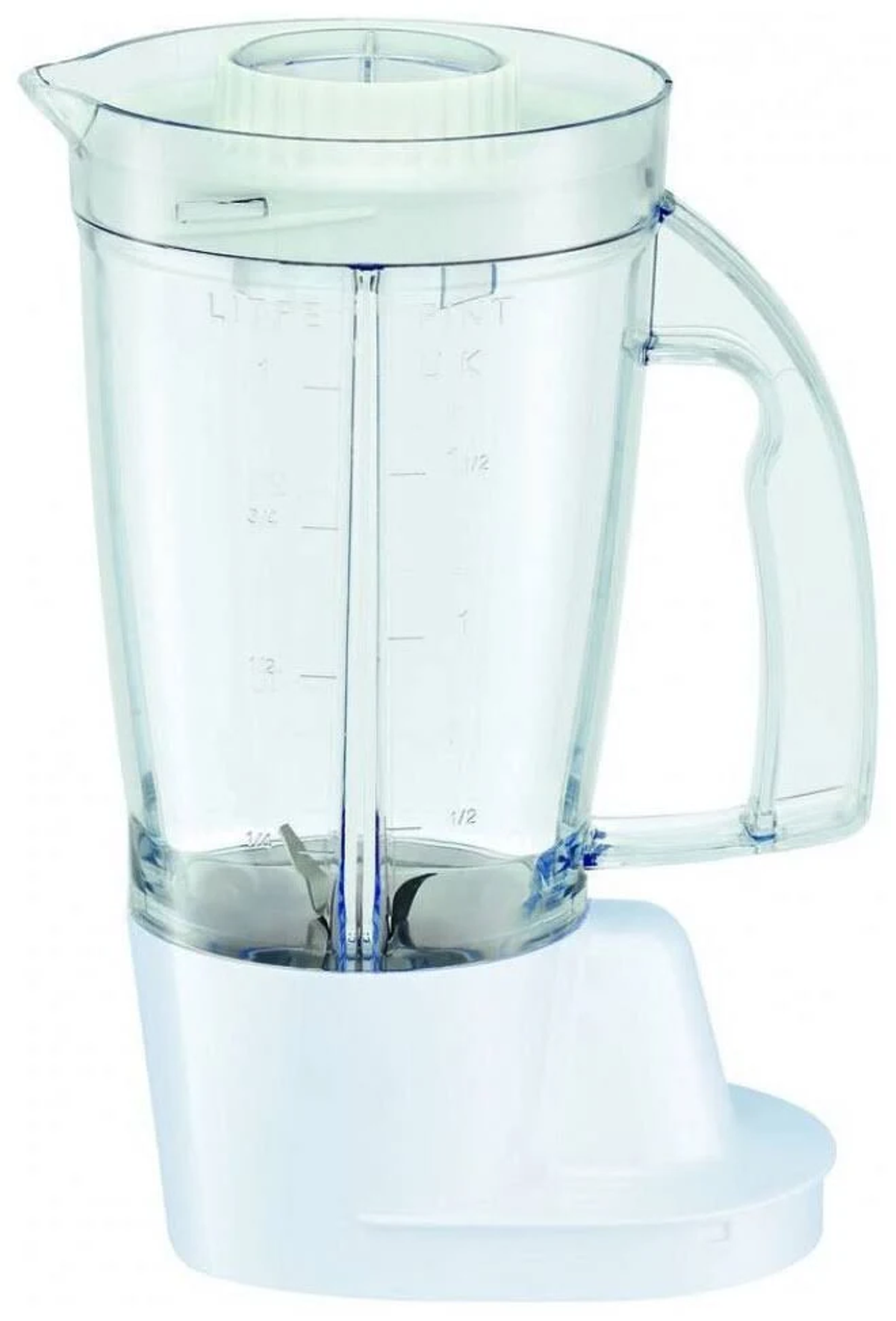 Una licuadora transparente con base blanca, con una cuchilla visible. El recipiente tiene medidas.