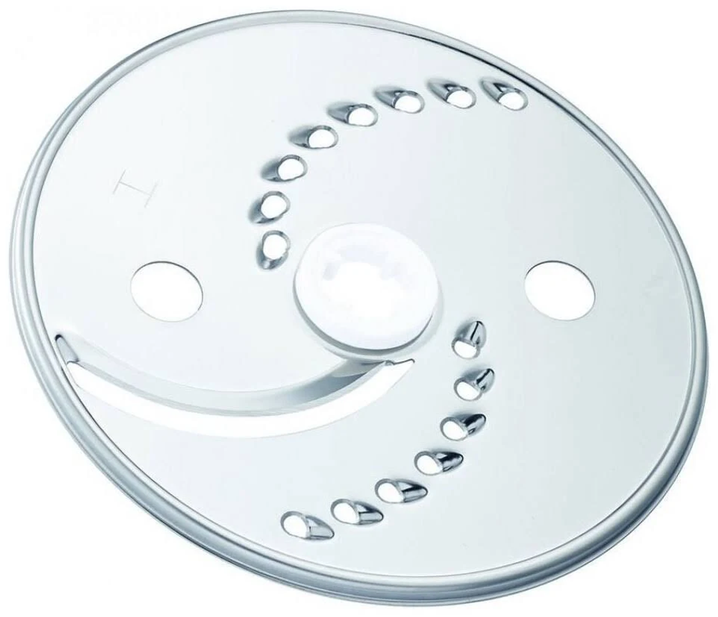 Una cuchilla plateada de procesador de alimentos con una cuchilla de corte ondulada. La cuchilla es circular.