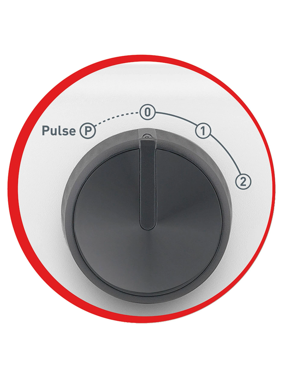 Primer plano de un dial blanco con una perilla negra. Números 0, 1 y 2, y Pulso (P) visibles.