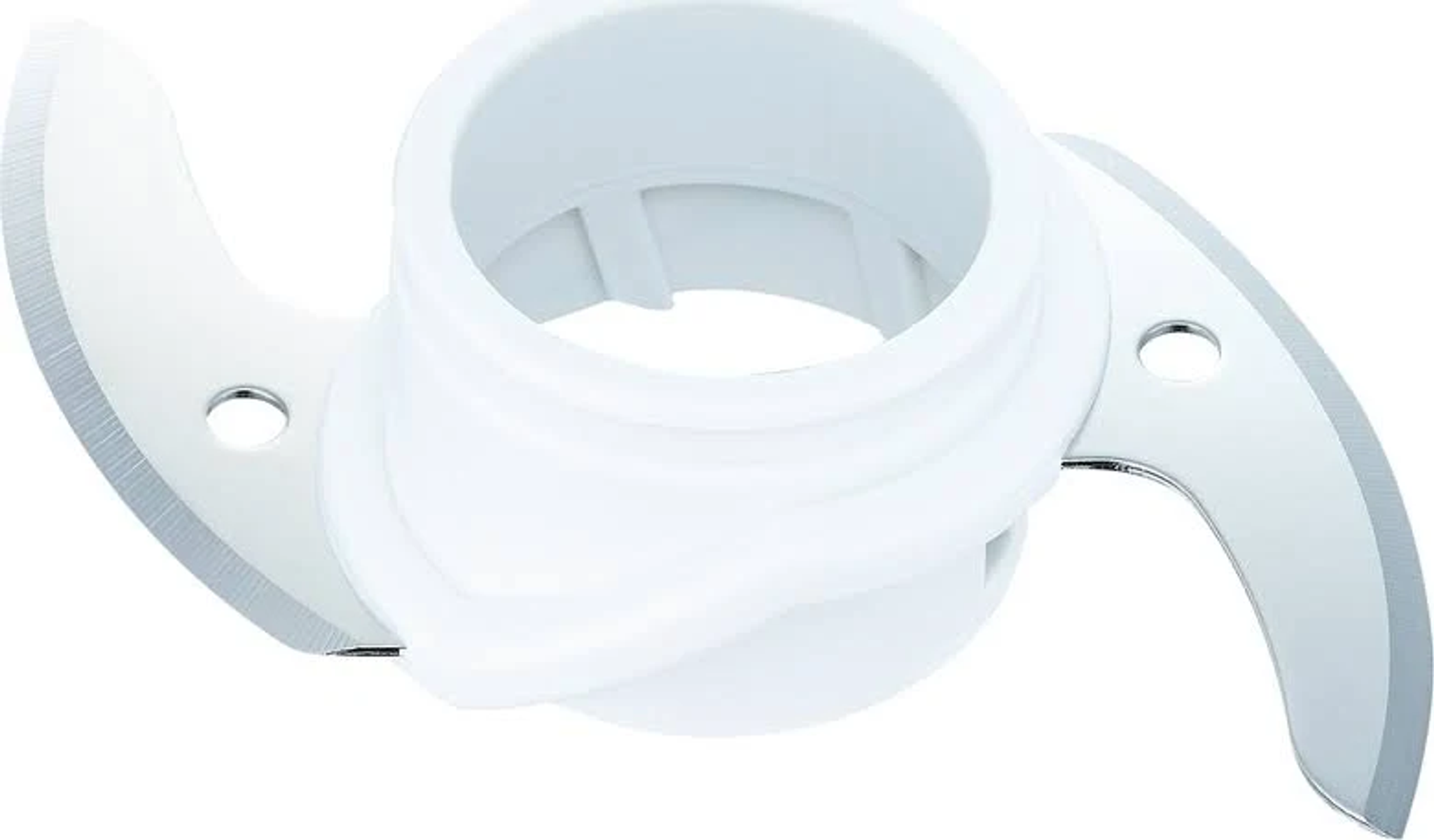 Primer plano de una cuchilla de procesador de alimentos blanca y plateada. Es circular.