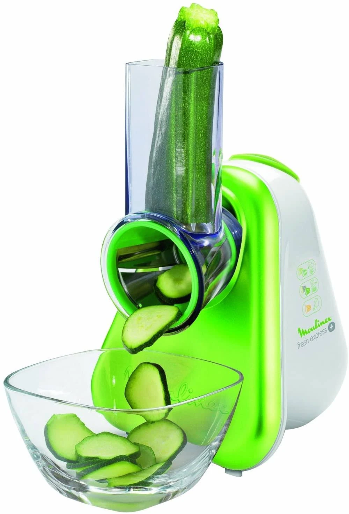 Affettatrice Moulinex verde e bianca. Zucchine tagliate in una ciotola. Contenitore trasparente.