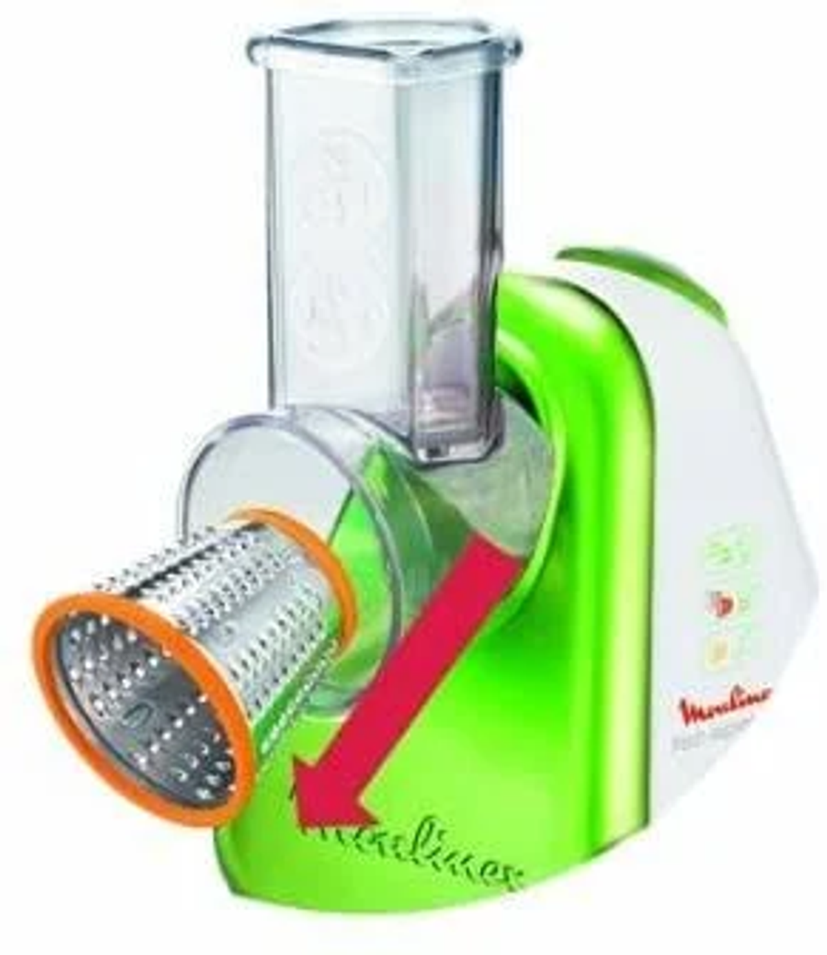 Un robot da cucina Moulinex verde e bianco con un accessorio grattugia e una freccia rossa.