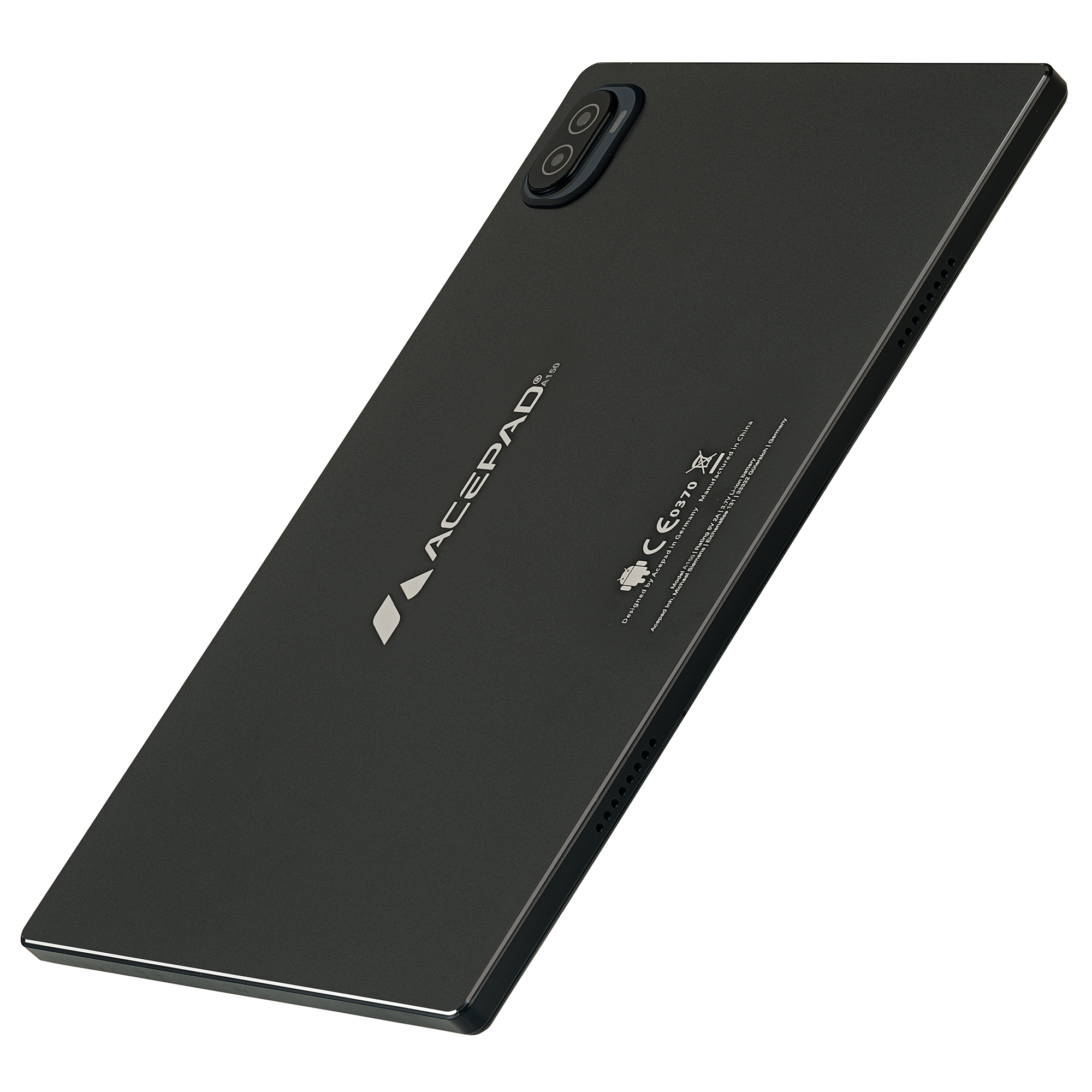 Schwarze Tablet-Rückseite, Dual-Kamera, Acepad-Logo. Angesicht.