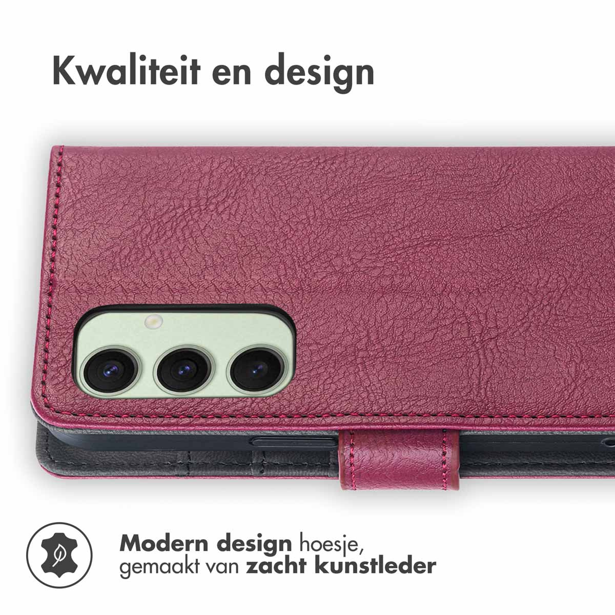 Gesloten telefoonhoes, magenta van kleur. De hoes is gemaakt van zacht kunstleer.