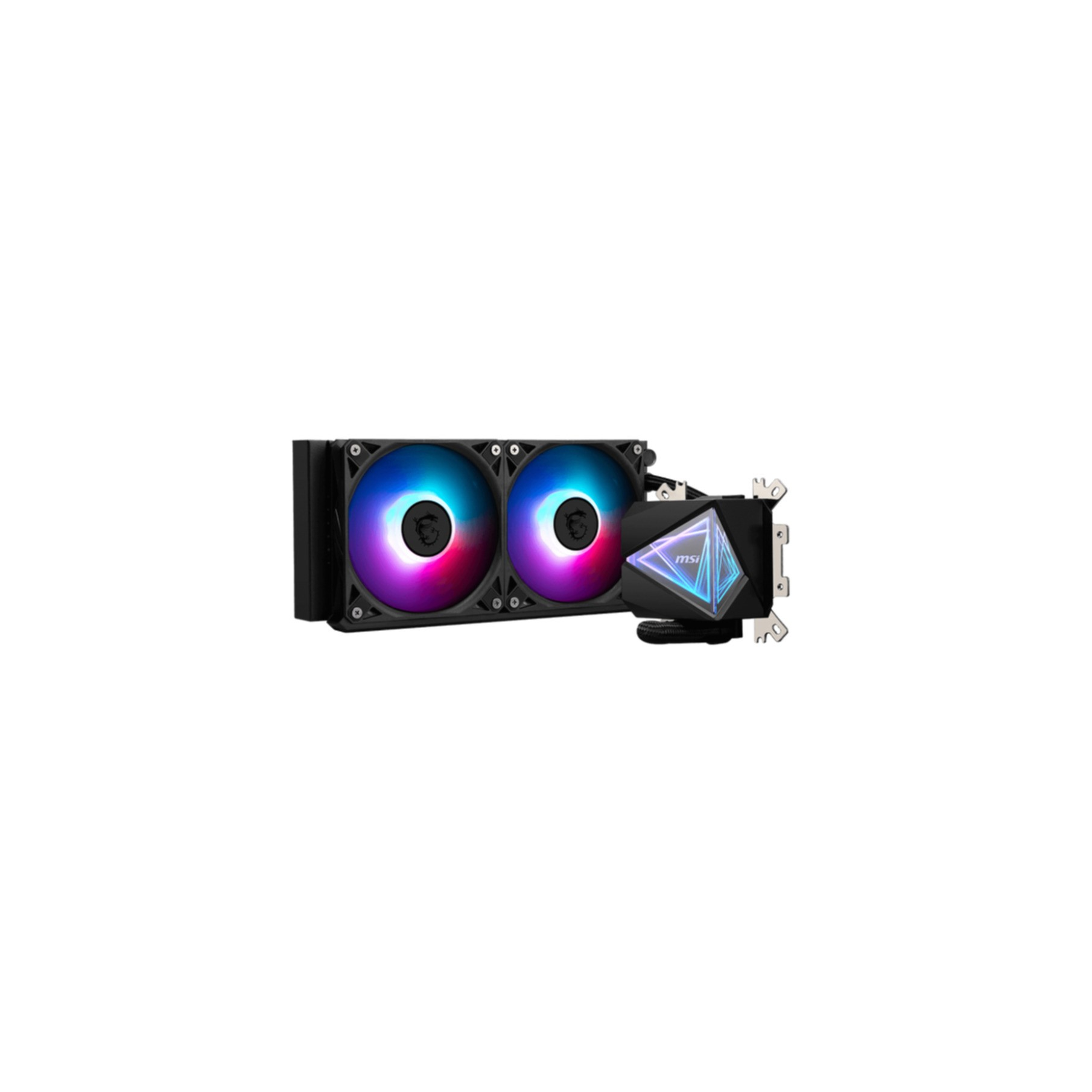 MSI liquid cooler with two fans. Fans have RGB lights. Black and silver components.