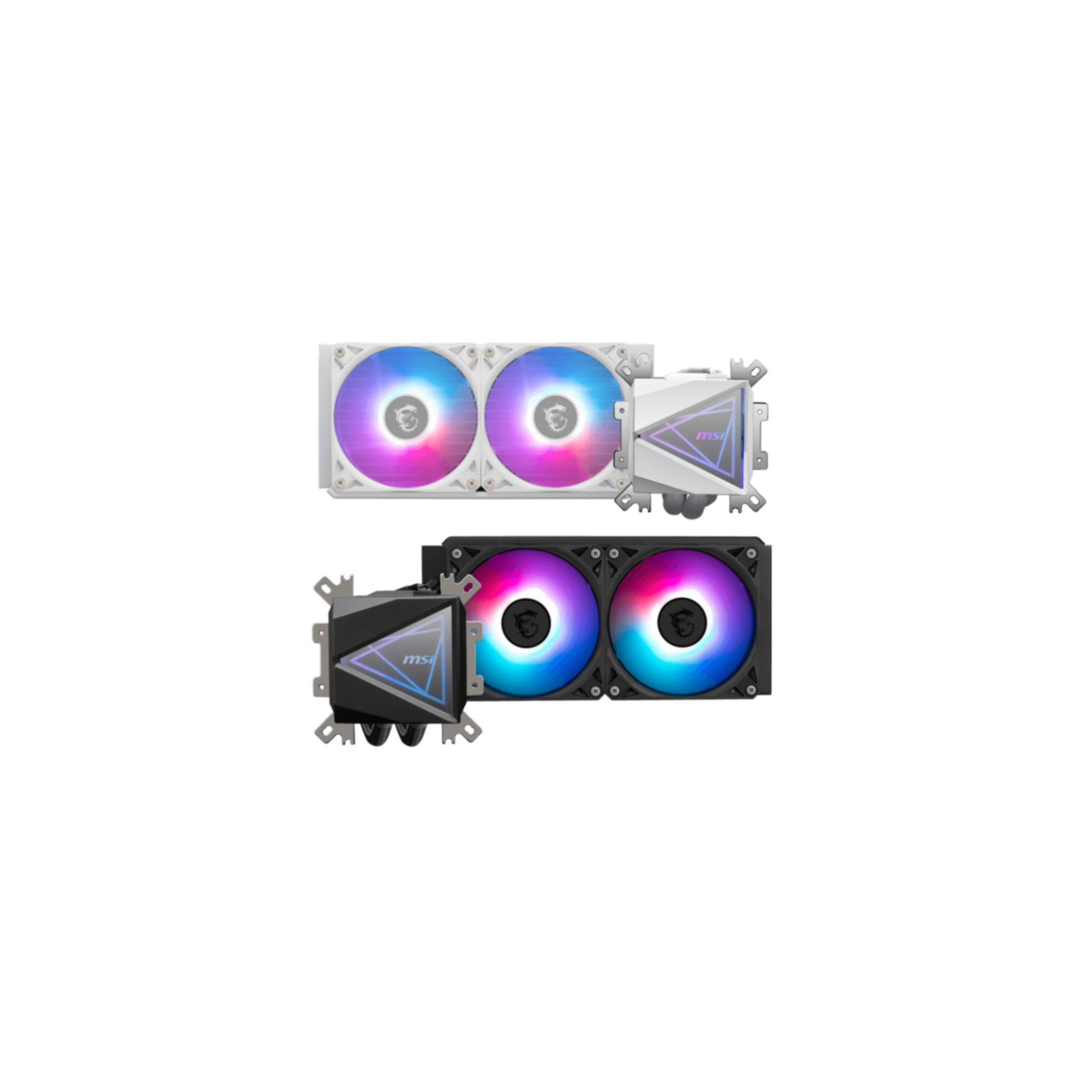 Two computer cooling fans with colorful lights. The fans are white and black.