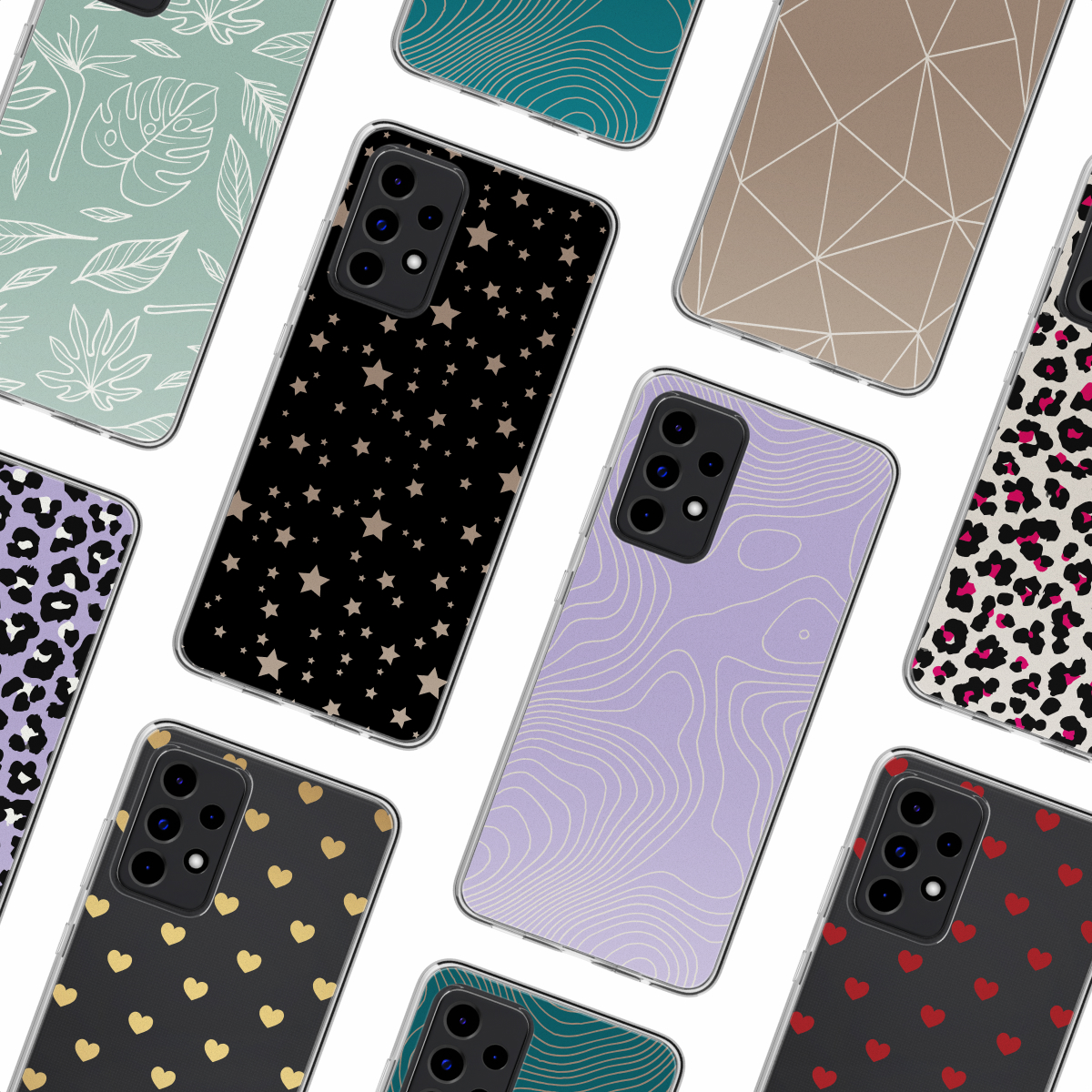 Custodie per telefono con vari motivi: stelle, cuori, foglie e forme geometriche.