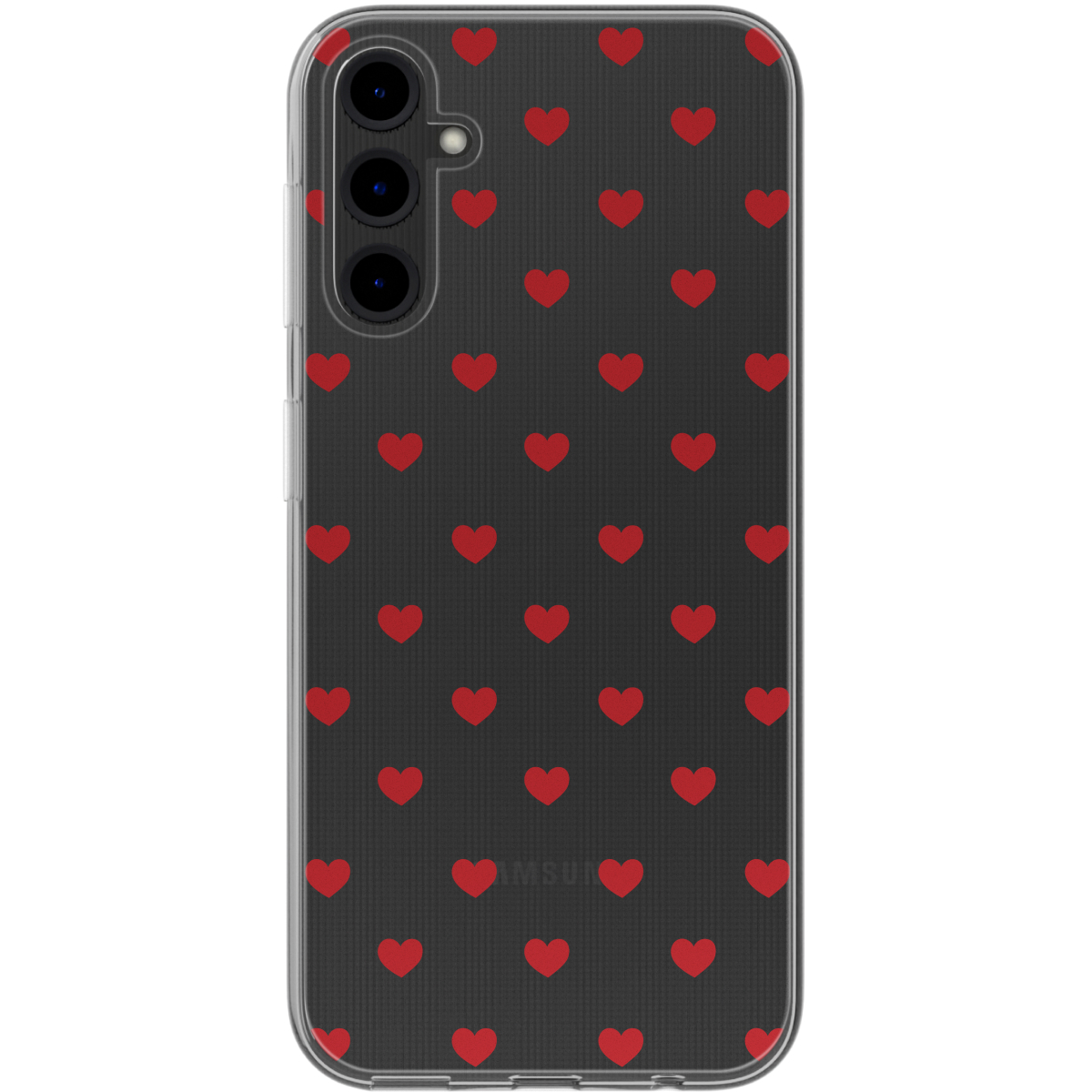 Zwarte telefoonhoes met rood hartpatroon. Samsung logo zichtbaar.
