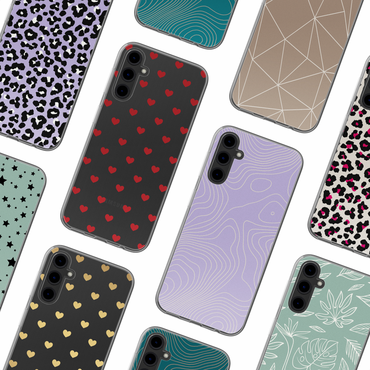Telefoonhoesjes met verschillende patronen: luipaardprint, harten en meer.