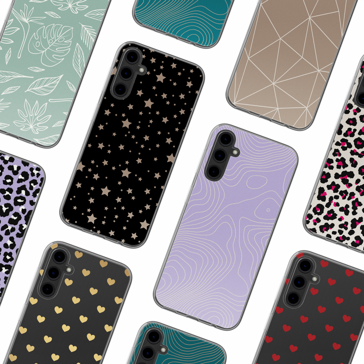 Custodie per telefono con vari motivi: stampa leopardata, cuori e altro.