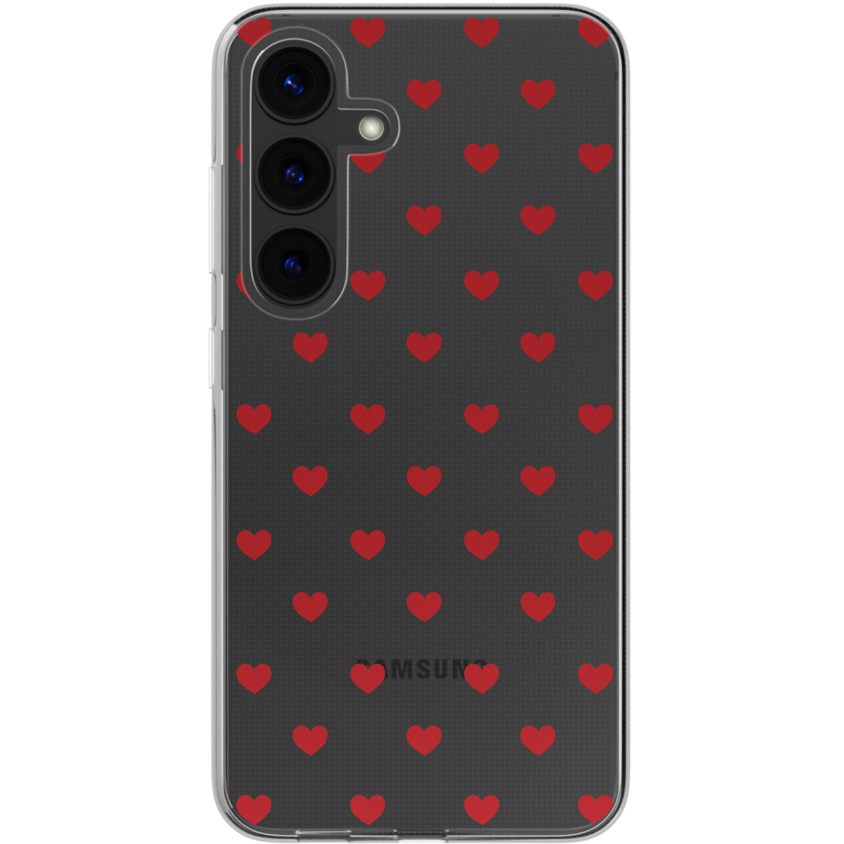 Een telefoonhoesje met rode harten op een donkergrijze achtergrond.
