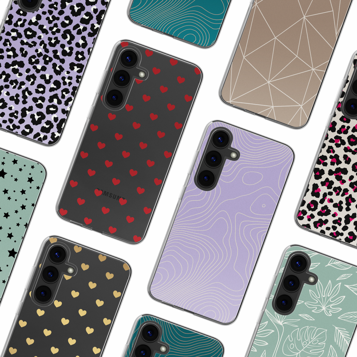Verscheidenheid aan telefoonhoesjes met verschillende patronen: harten, dierenprints en anderen.