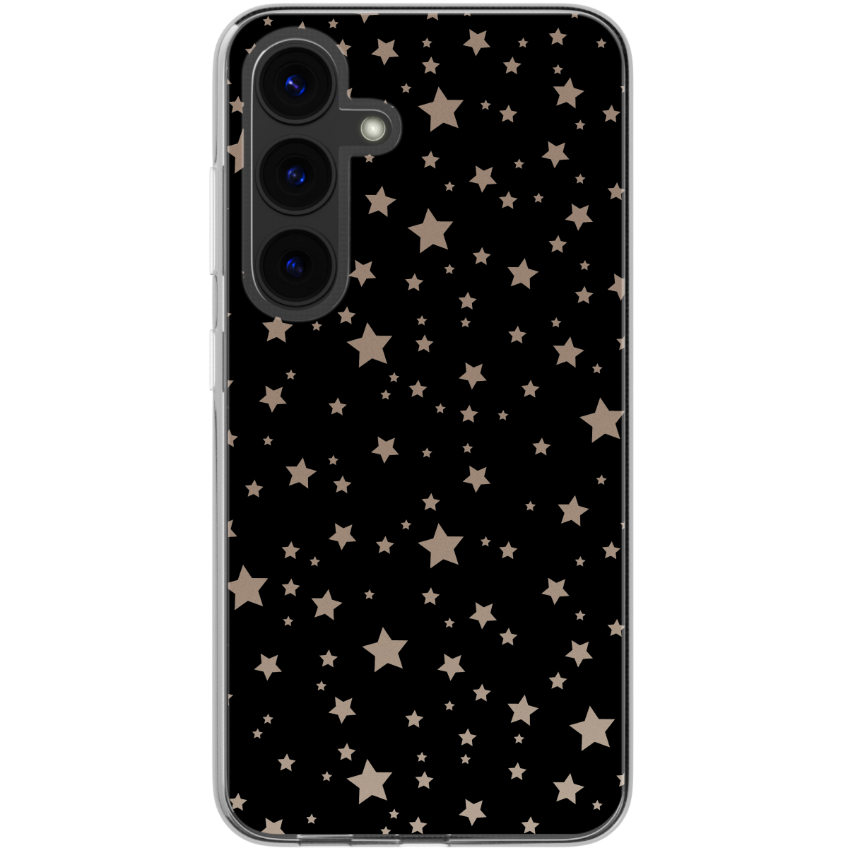 Een smartphonehoesje met een zwarte achtergrond en een patroon van bruine sterren. De telefoon heeft meerdere camera's.