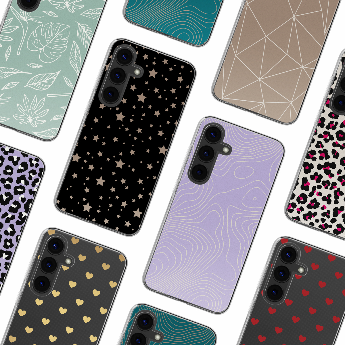 Een verzameling telefoonhoesjes met verschillende patronen, waaronder sterren, harten en dierenprints.