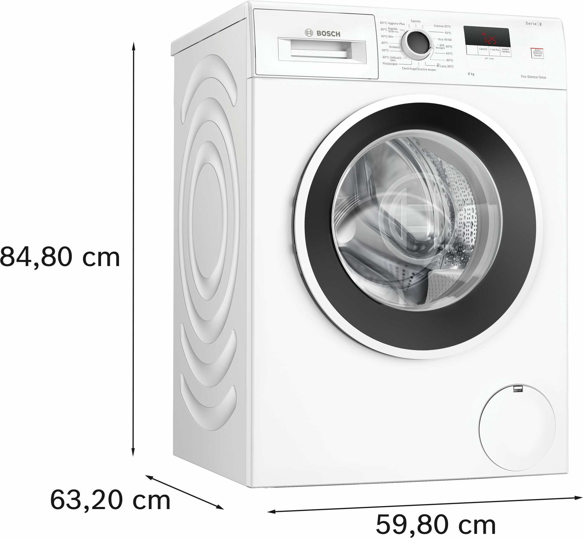 Witte wasmachine. Afmetingen in cm, inclusief hoogte, breedte en diepte.