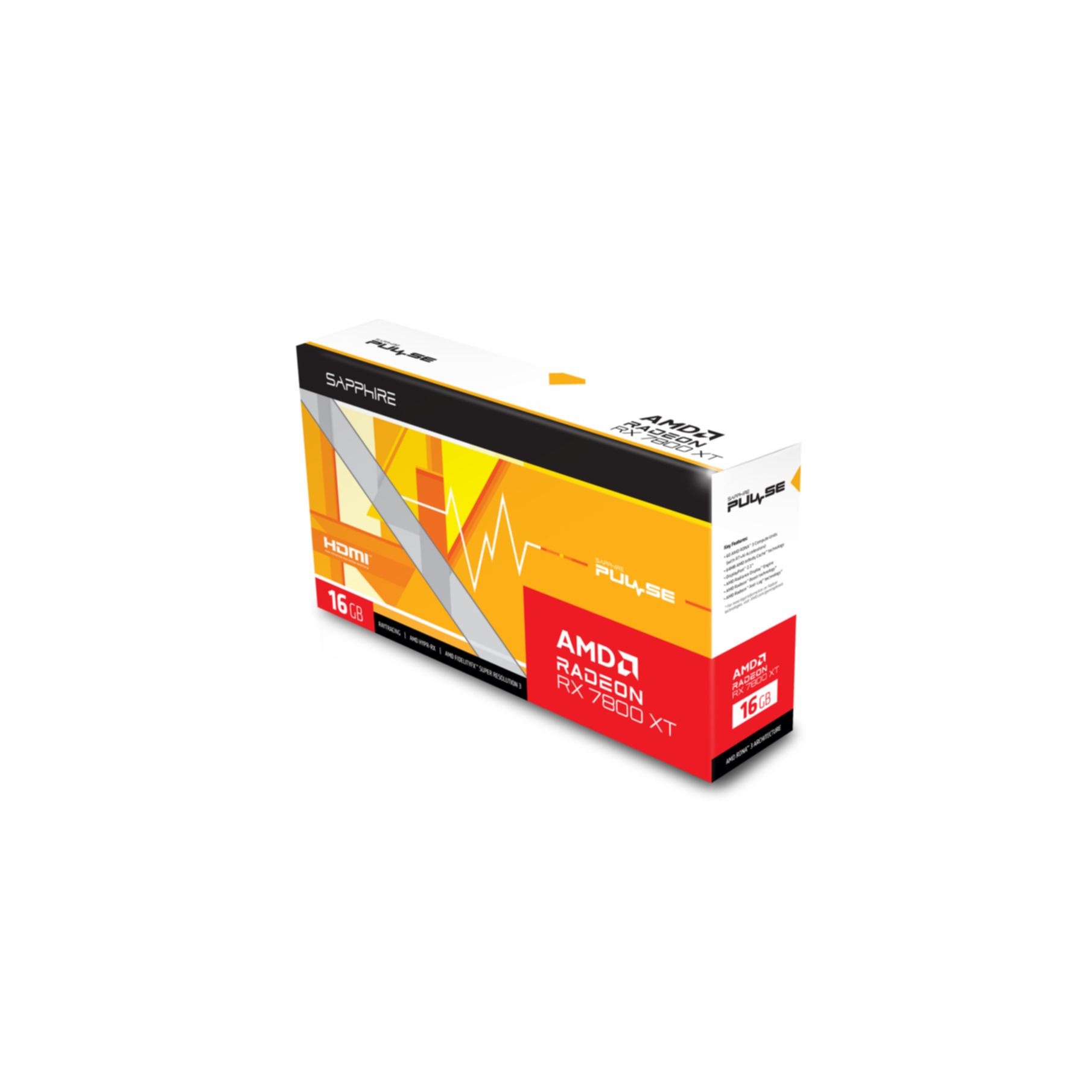 Scatola scheda grafica Sapphire RX 7800 XT, design bianco, giallo e arancione, con dettagli.