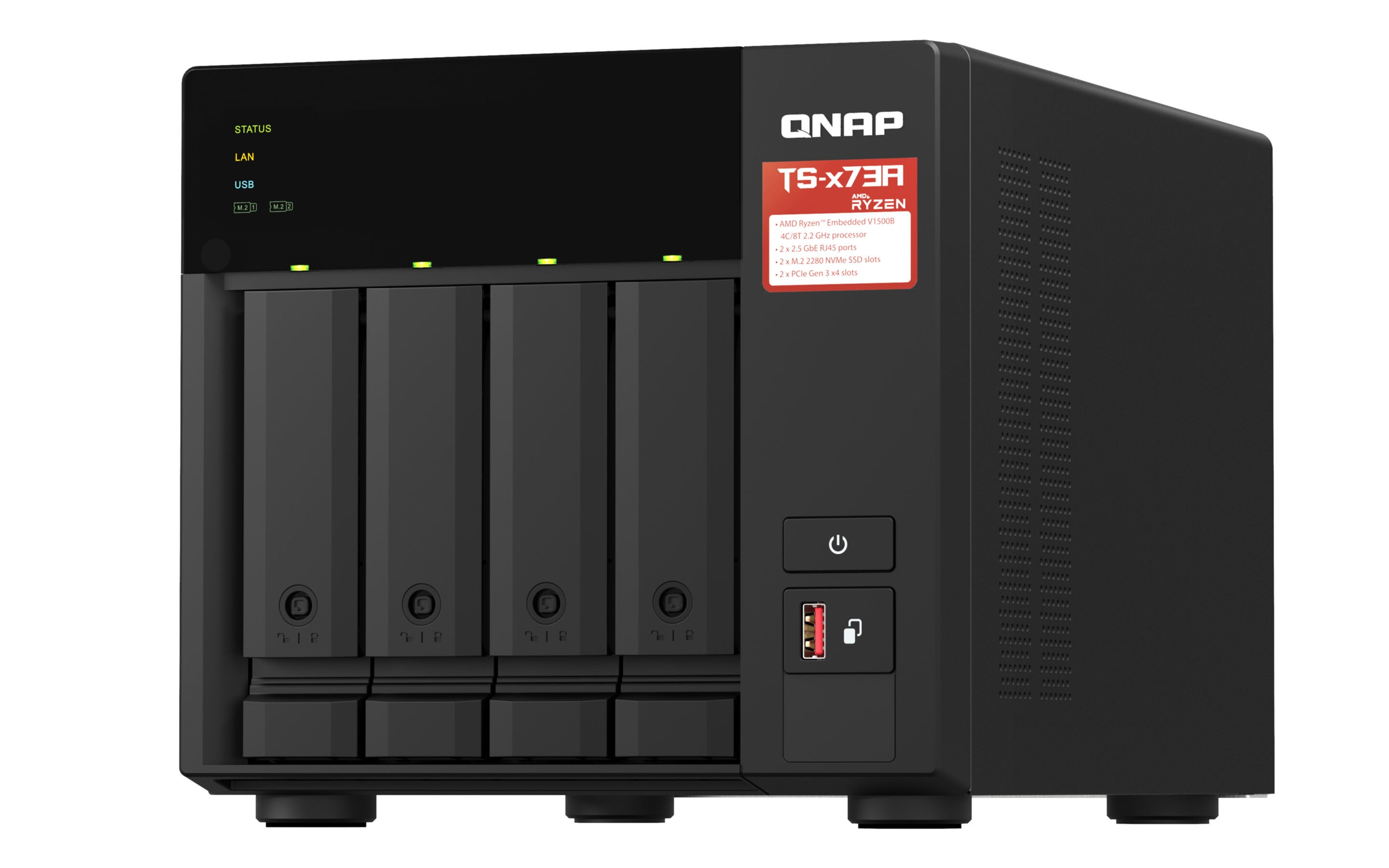 Dispositivo NAS QNAP negro con cuatro bahías.