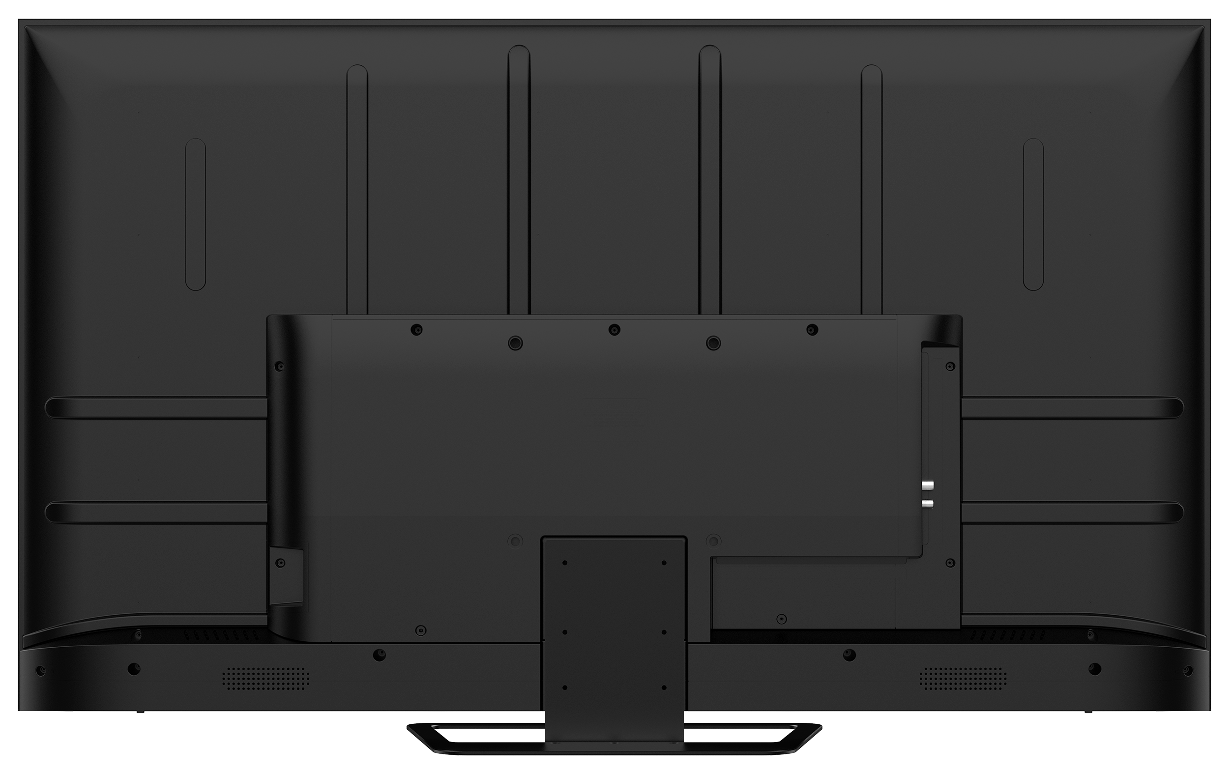 Parte trasera de un televisor negro. Presenta múltiples puertos y puntos de montaje.