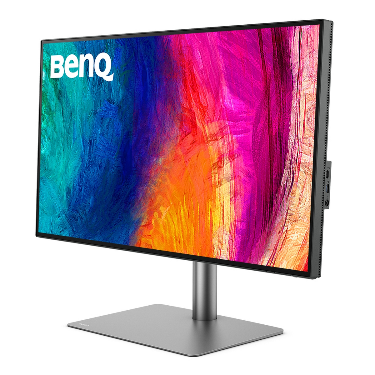 Monitor BenQ z kolorowym abstrakcyjnym tłem, zamontowany na srebrnej podstawie.
