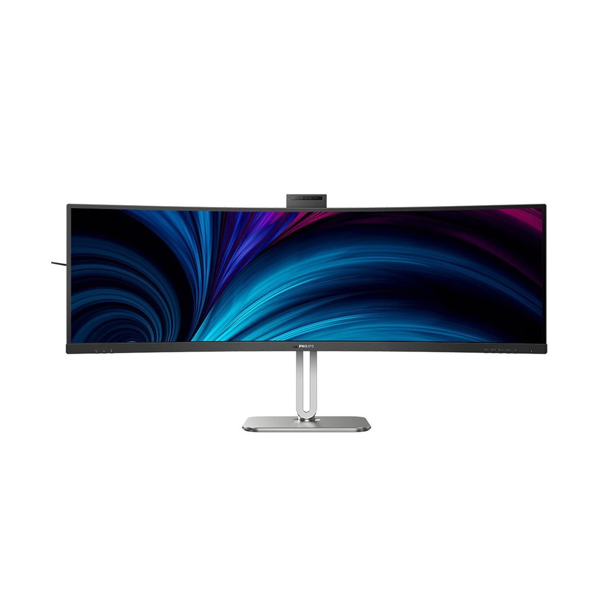 Zakrzywiony monitor ultrawide z ciemnym ekranem. Srebrna podstawa, na białym tle.