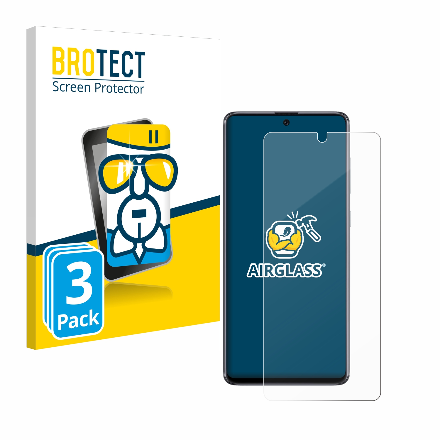 Bildschirmschutzbox und ein Telefon. Der Schutz ist transparent. Das Telefon hat einen blauen Hintergrund.