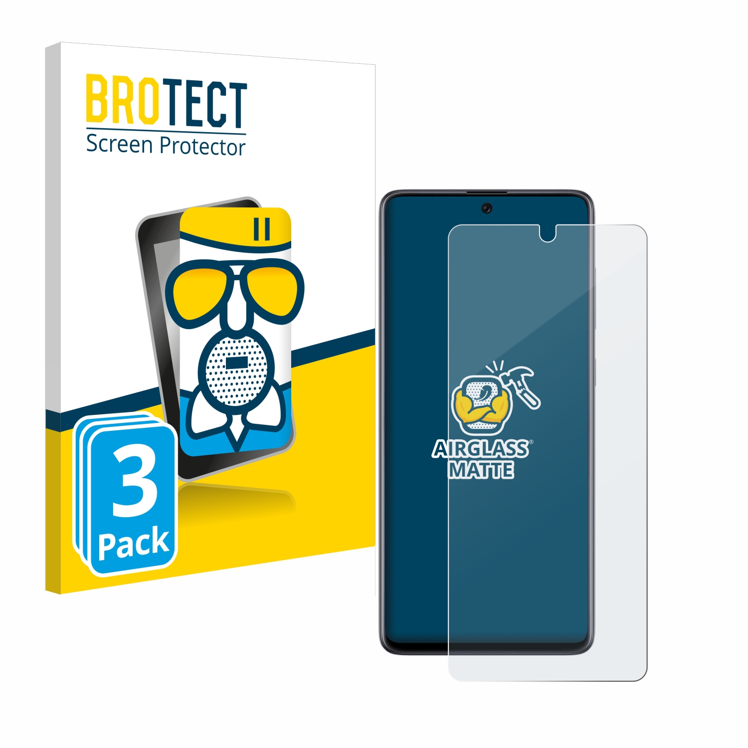 Verpackung und Telefon mit aufgebrachtem Displayschutz, auf blauem Hintergrund.