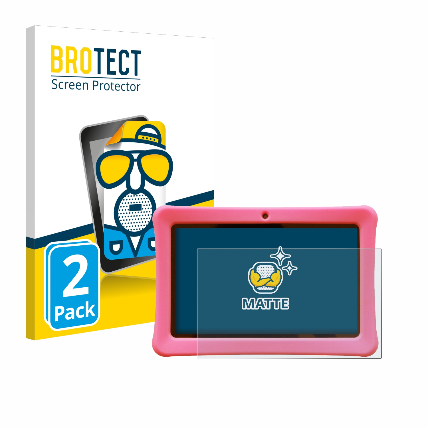 Rosa Tablet-Displayschutz mit einer Schachtel. Die Schachtel hat den Markennamen und eine Zeichnung.