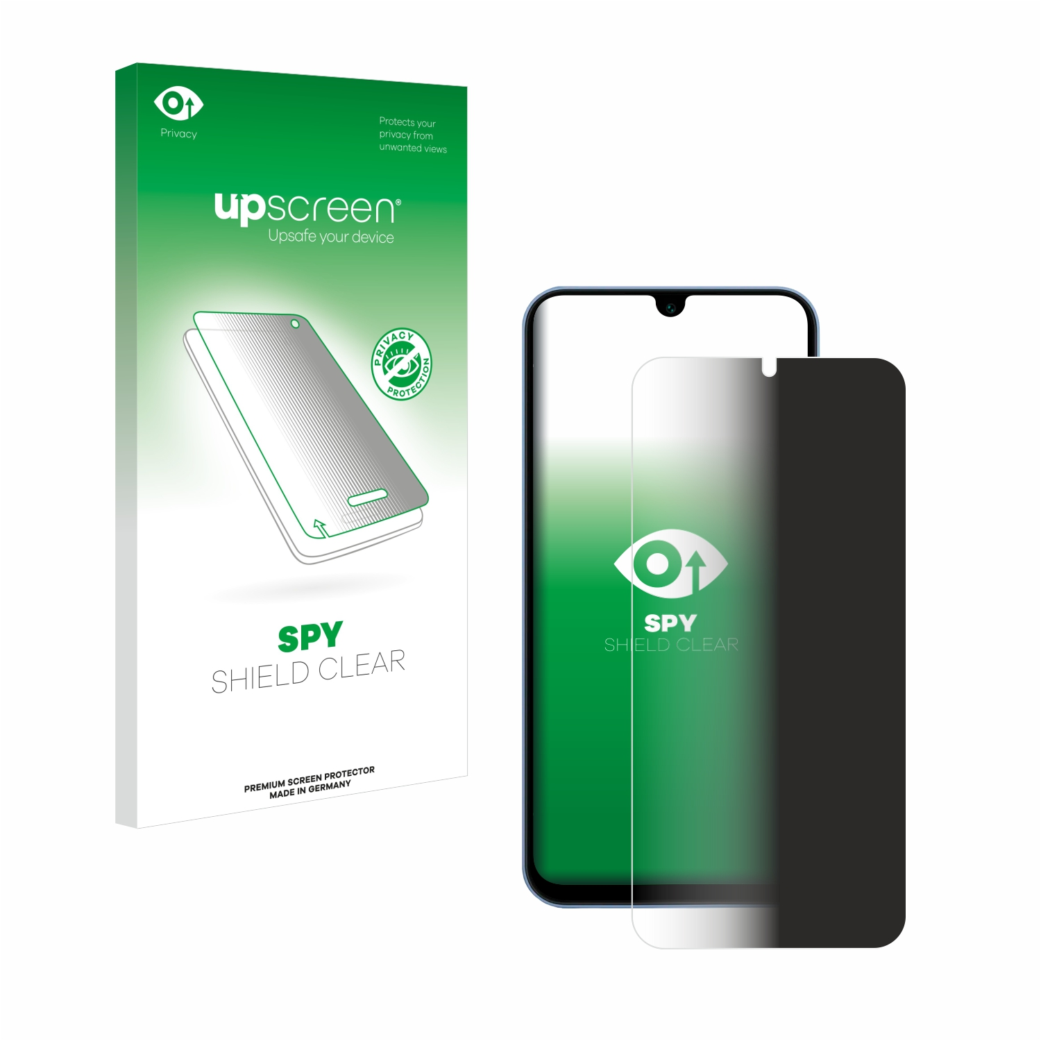 Telefon mit Spy Shield Clear Displayschutzfolie und eine Box mit Folien.