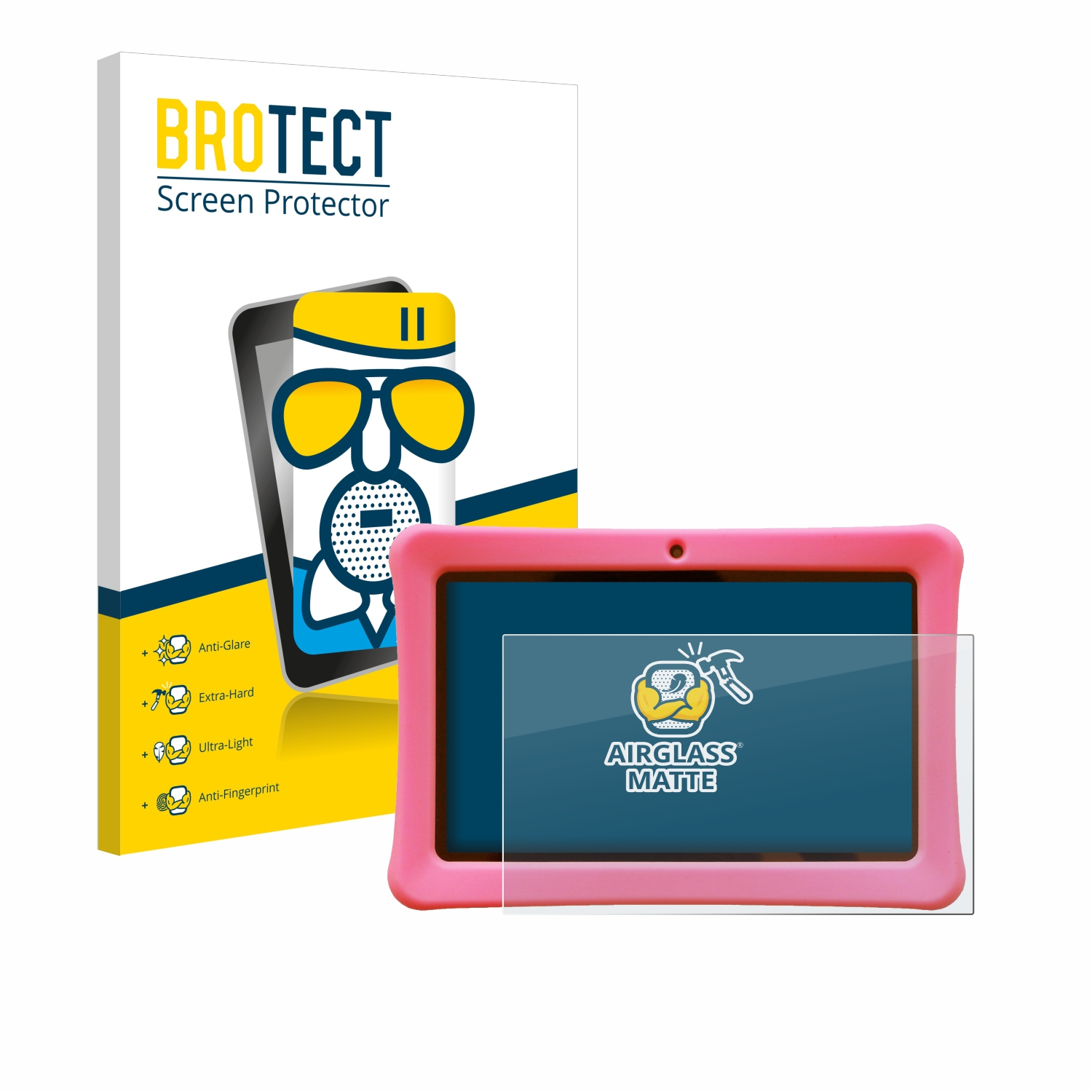 Rosa Tablet mit Displayschutzfolie und Box.