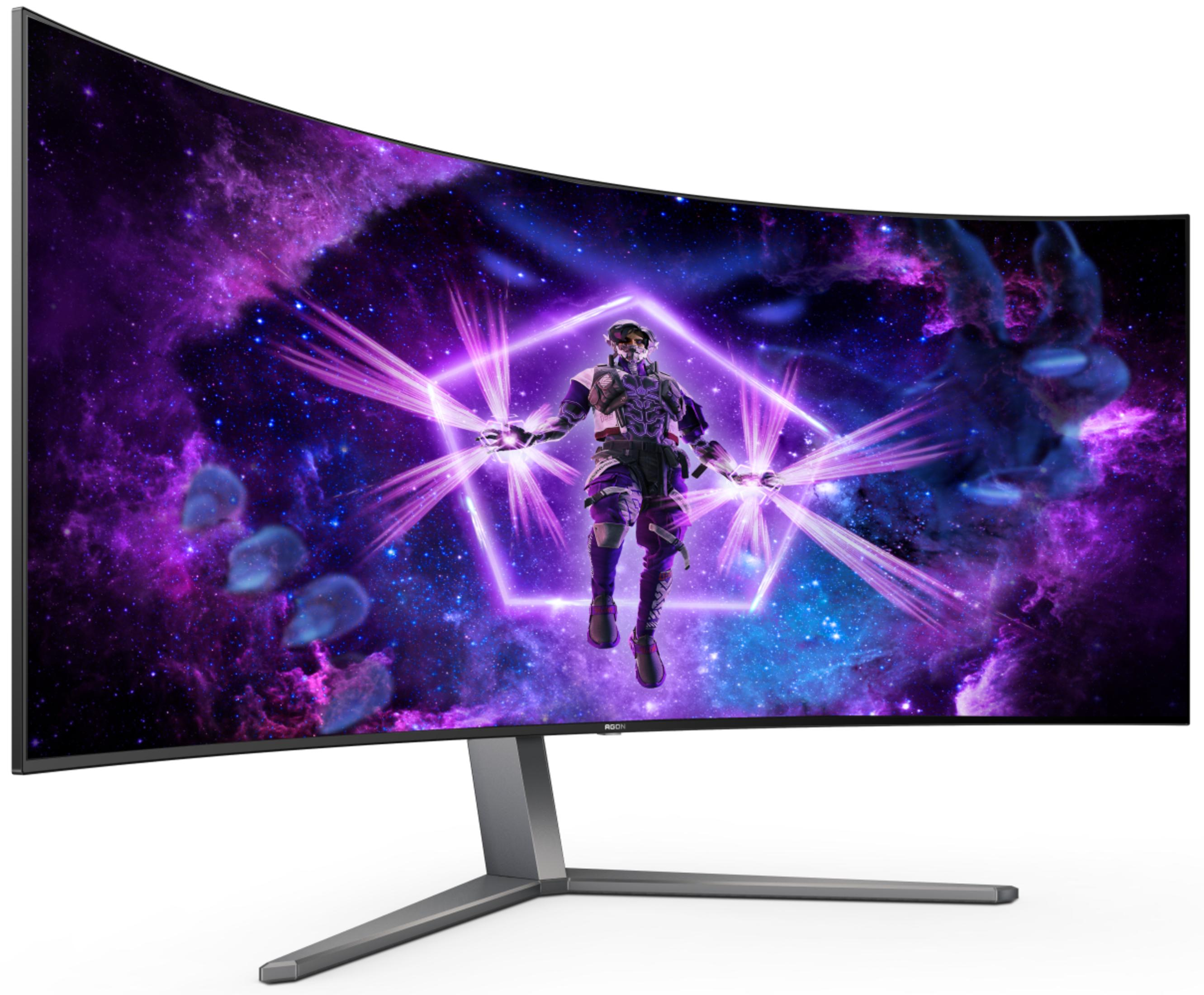 Zakrzywiony monitor z kosmiczną sceną i postacią w centrum. Monitor ma srebrną podstawę.