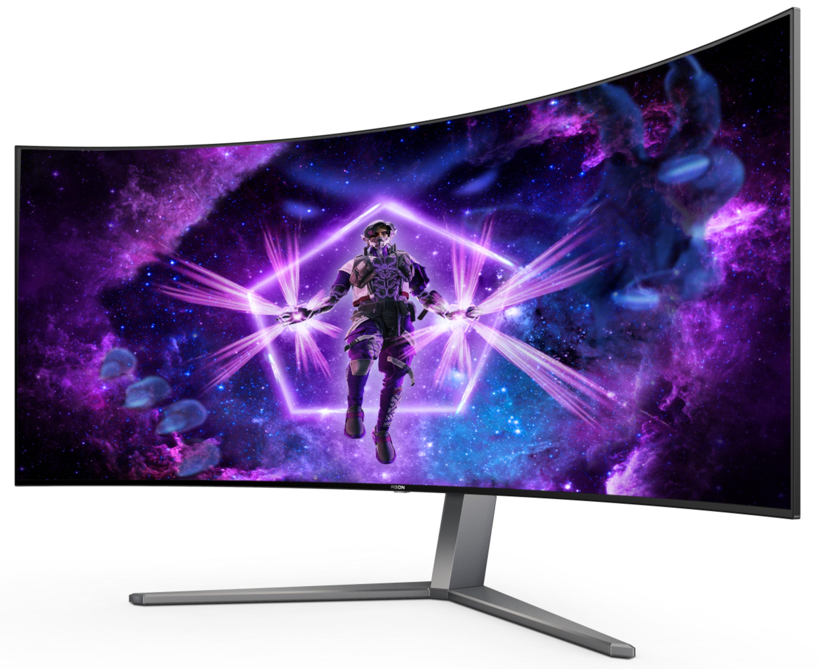 Zakrzywiony monitor do gier wyświetlający scenę kosmiczną z postacią w futurystycznym stroju. Dominują fioletowe odcienie.